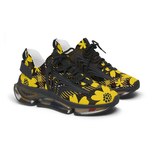 Women's Mesh Sneakers with Bold Graphic Plaid Print in Brown with Yellow Daisies