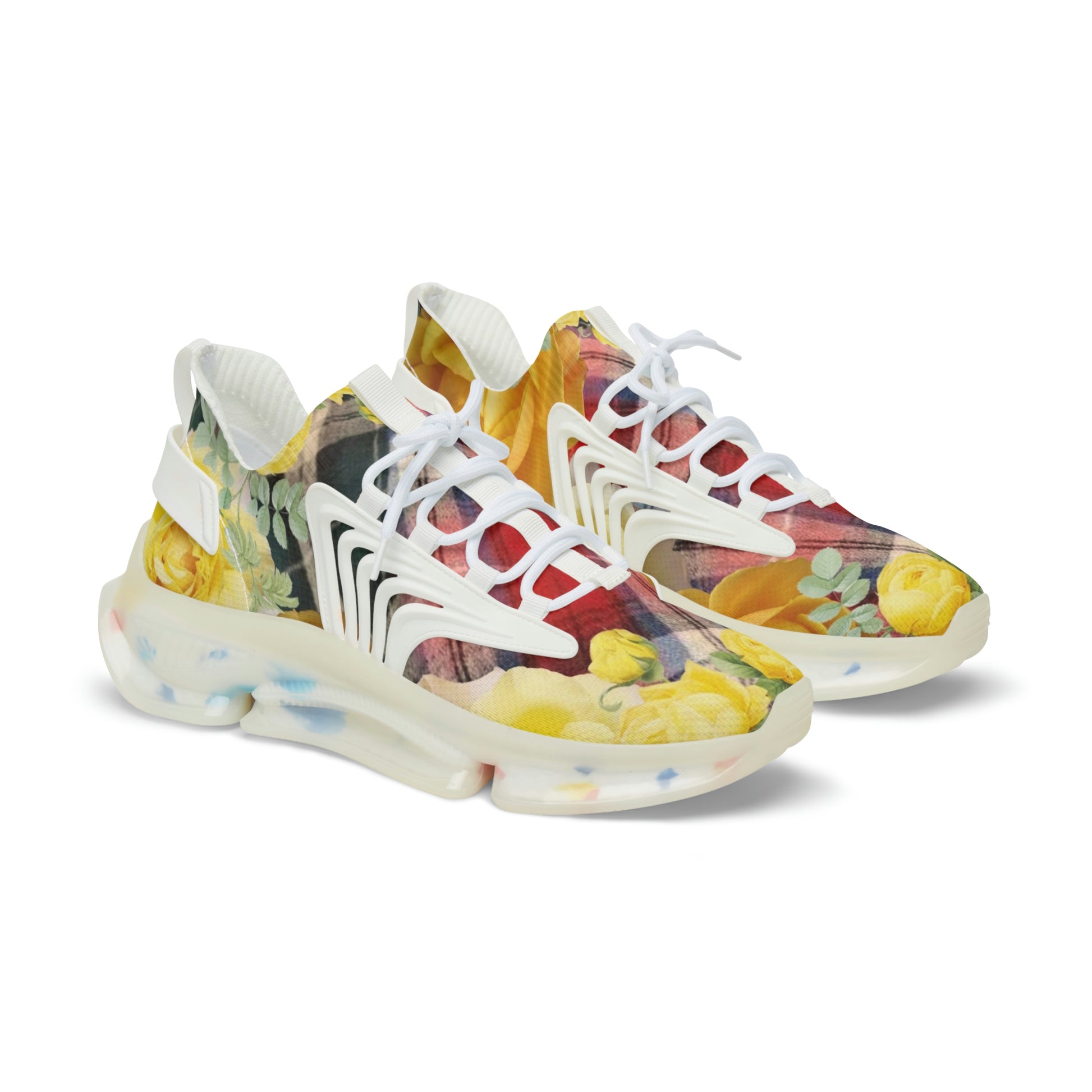 Men's Mesh Sneakers with Graphic Plaid and Roses Print in Yellow Red and Customisable Black Or White EVA Sole