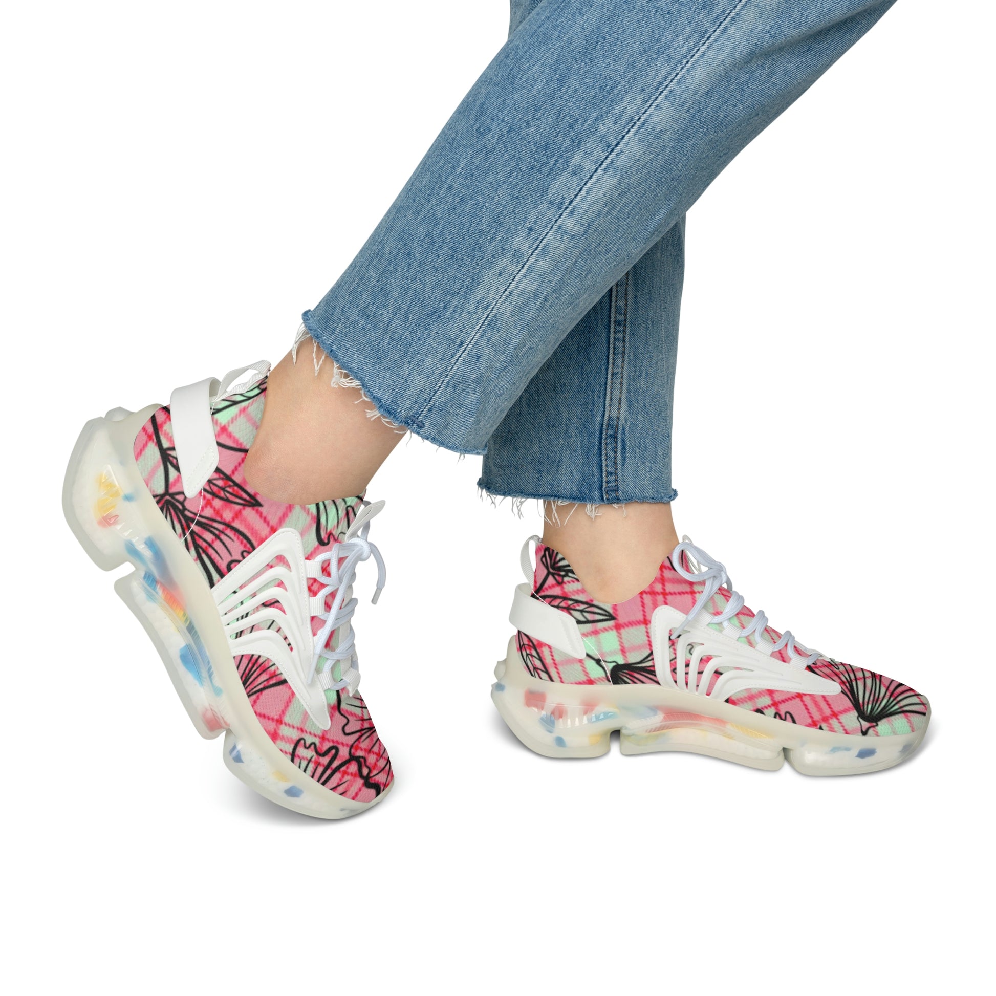 Women's Mesh Sneakers with Graphic Plaid and Floral Print in Pink Black with Customisable Black Or White EVA Sole