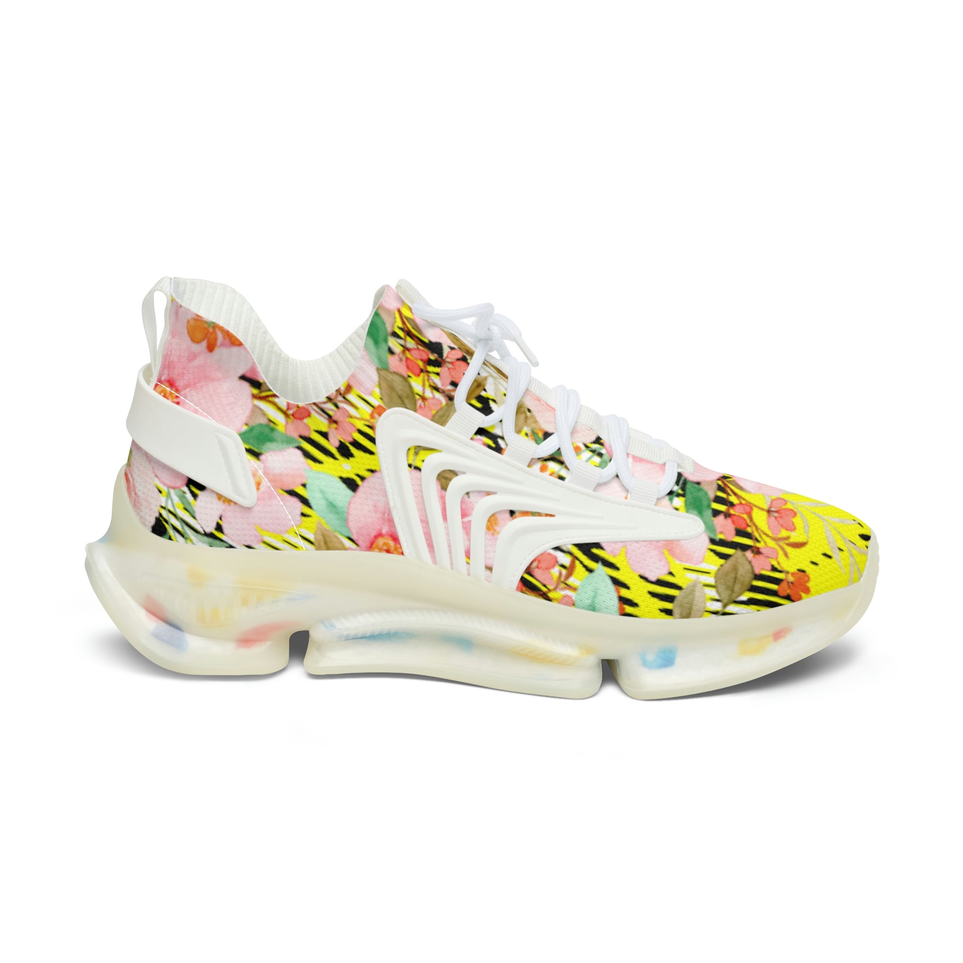 Women's Mesh Sneakers with Bold Graphic Plaid Print in Yellow and Pink Flowers