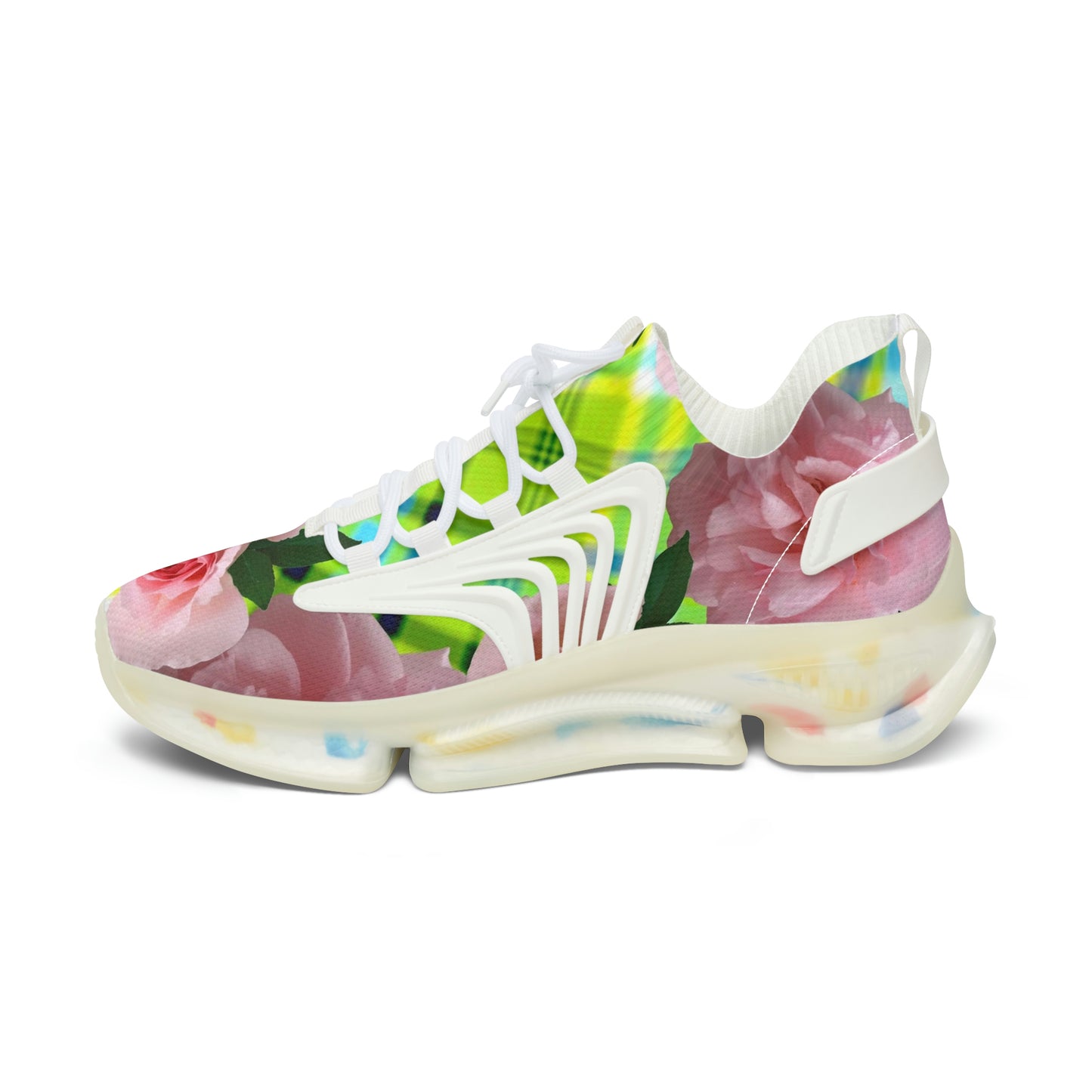 Women's Mesh Sneakers with Graphic Plaid and Roses Print in Lime Green Pink and Customisable Black Or White EVA Sole