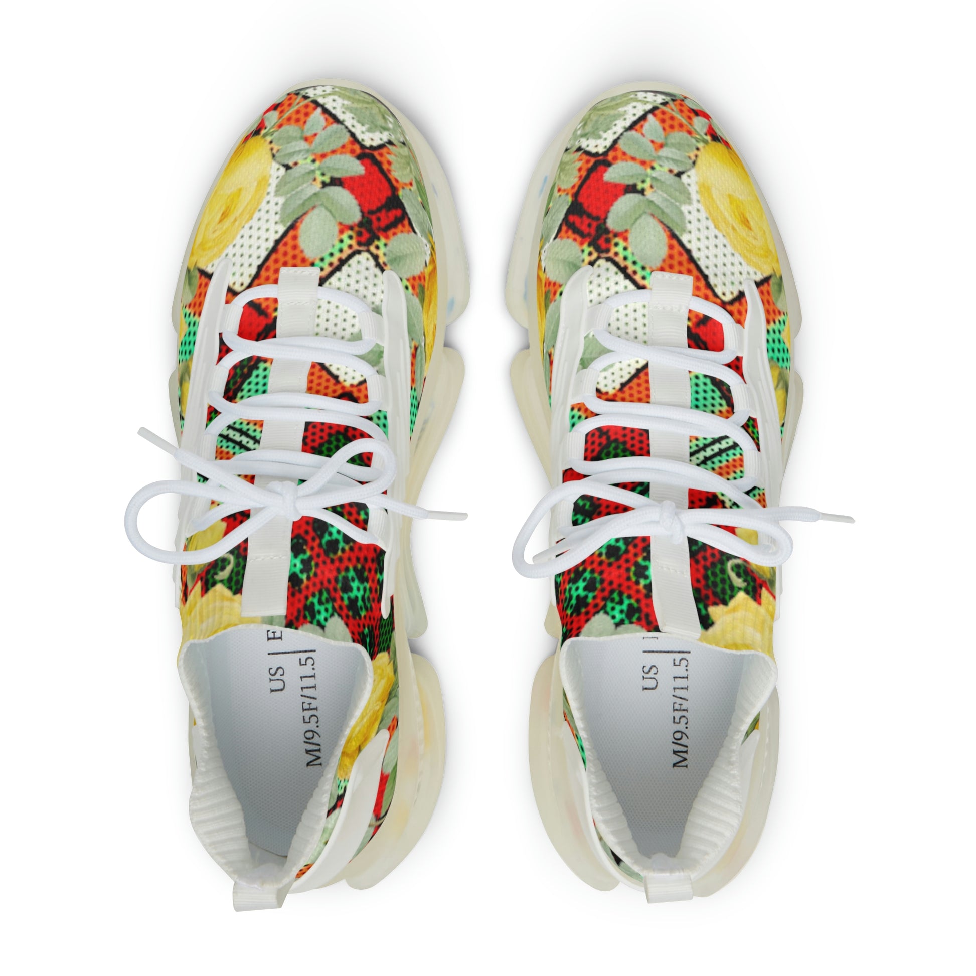 Men's Mesh Sneakers with Graphic Plaid and Roses in Yellow Green Red