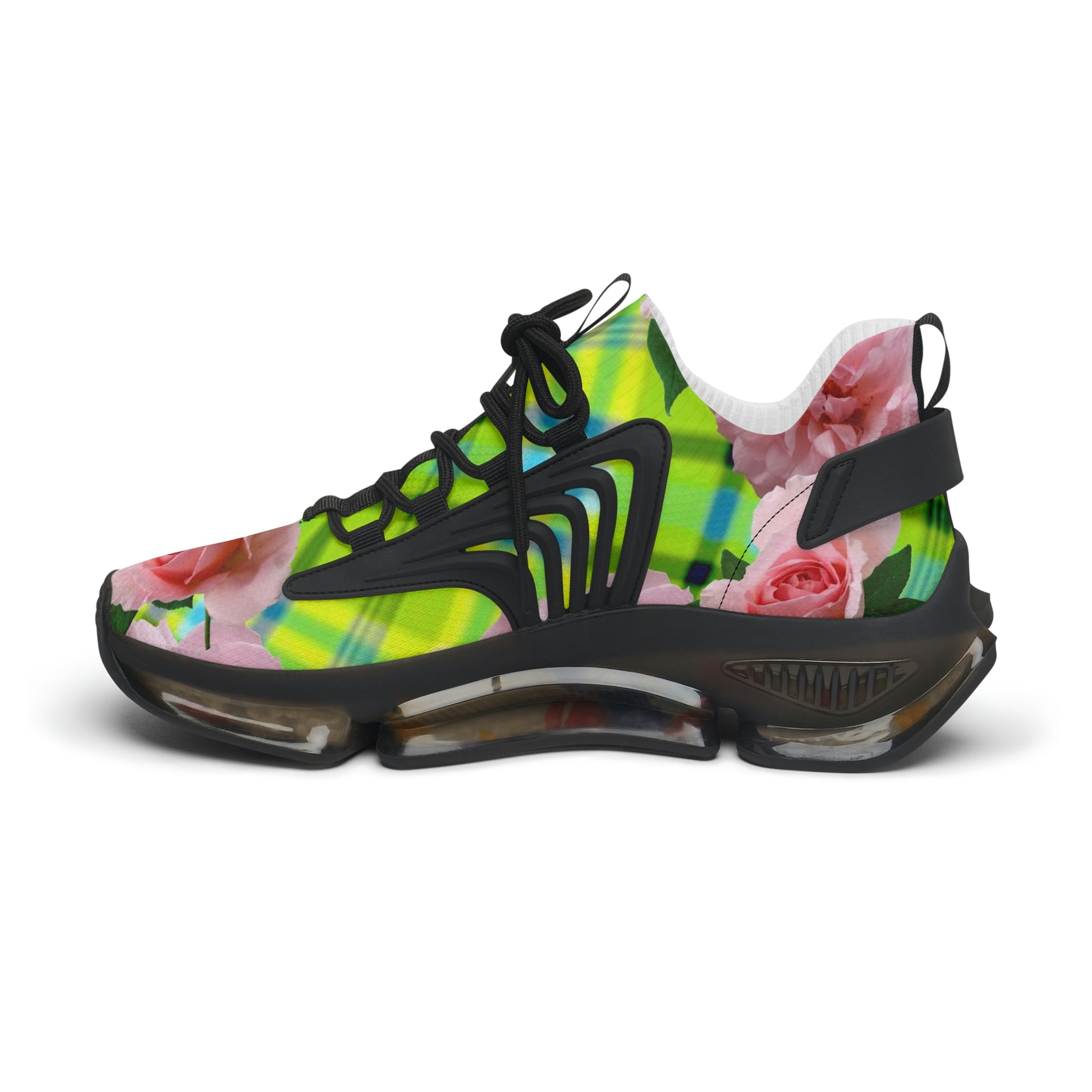 Women's Mesh Sneakers with Graphic Plaid and Roses Print in Lime Green Pink and Customisable Black Or White EVA Sole