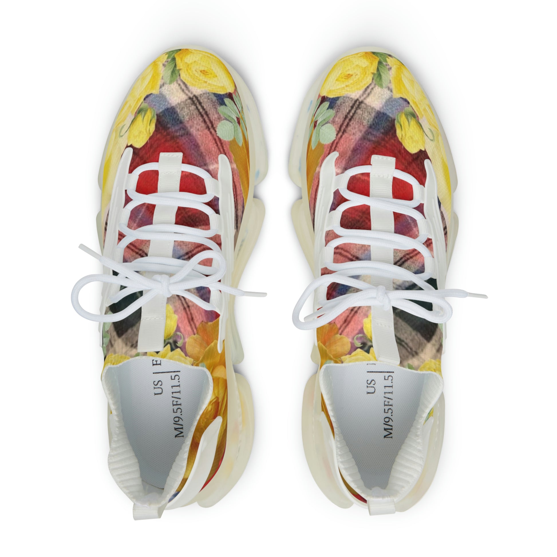 Men's Mesh Sneakers with Graphic Plaid and Roses Print in Yellow Red and Customisable Black Or White EVA Sole