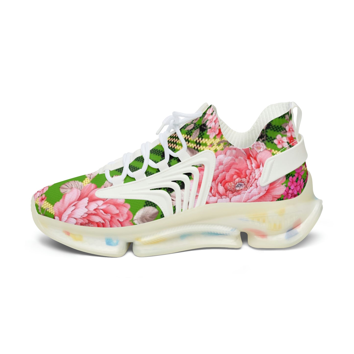 Women's Mesh Sneakers with Graphic Plaid and Roses in Pink Green