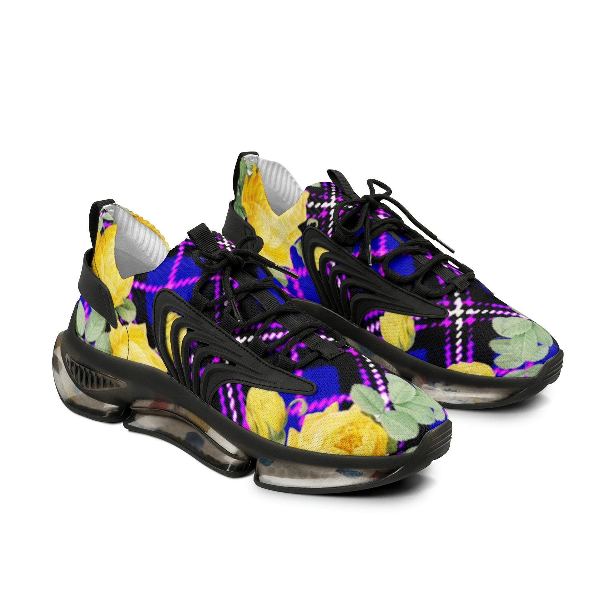 Men's Mesh Sneakers with Graphic Plaid and Roses Print in Purple Black Yellow