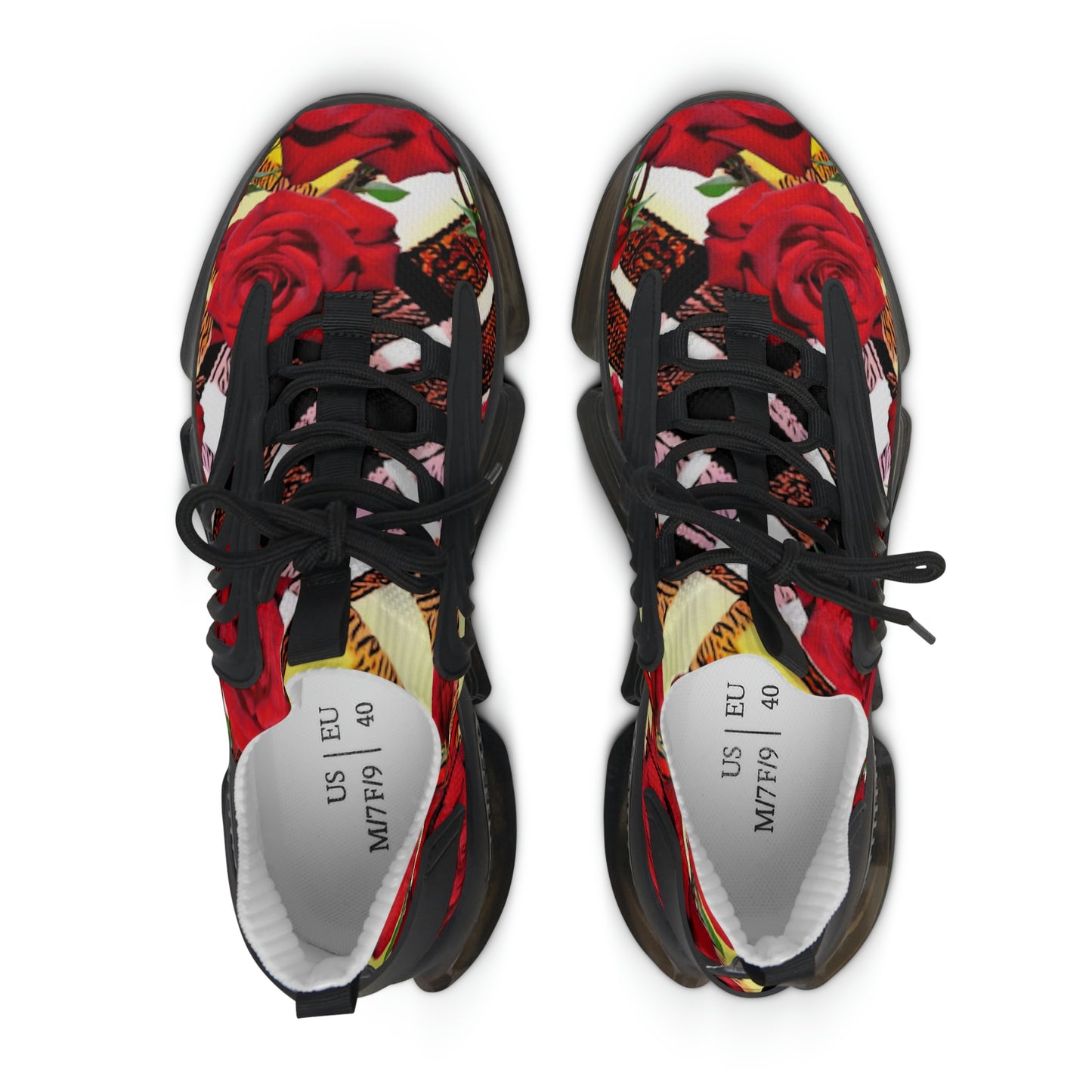 Women's Mesh Sneakers with Graphic Plaid and Roses Print in Red Yellow