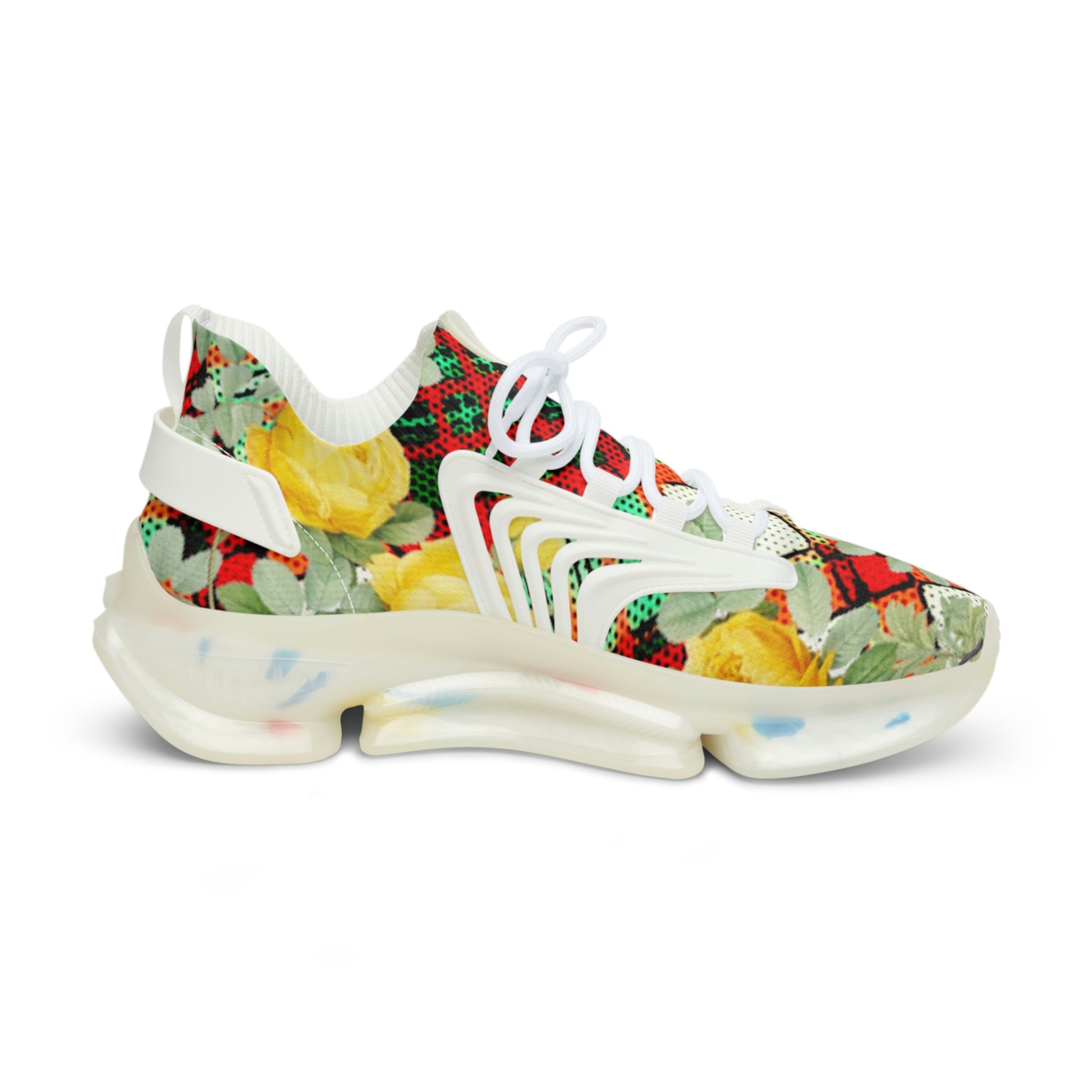 Men's Mesh Sneakers with Graphic Plaid and Roses in Yellow Green Red