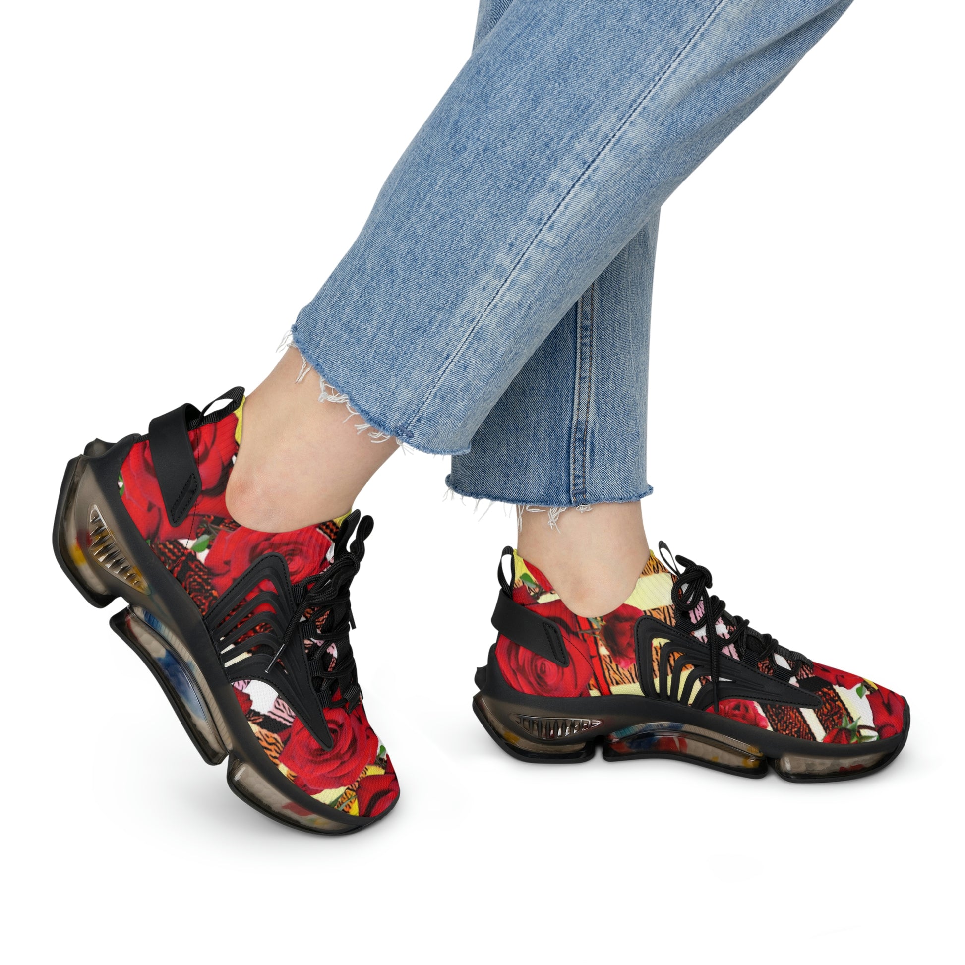 Women's Mesh Sneakers with Graphic Plaid and Roses Print in Red Yellow