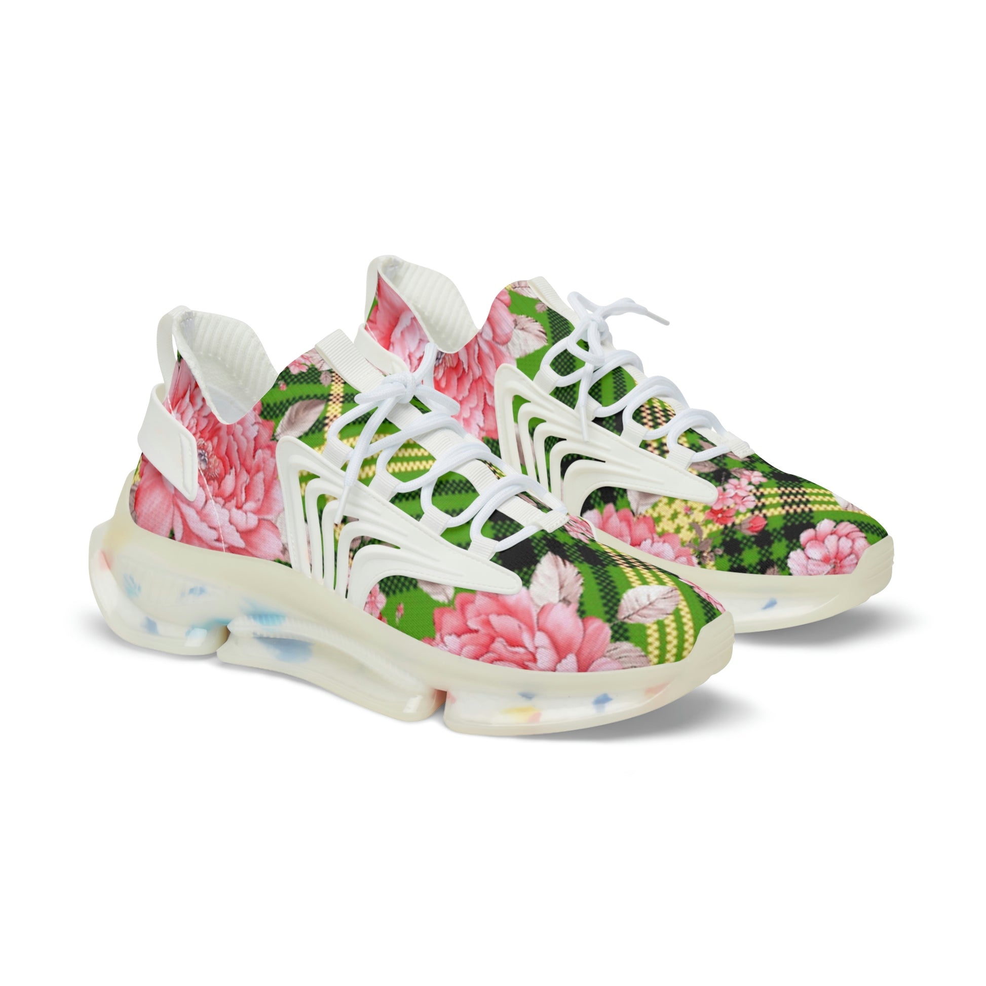 Men's Mesh Sneakers with Graphic Plaid and Roses in Pink Green