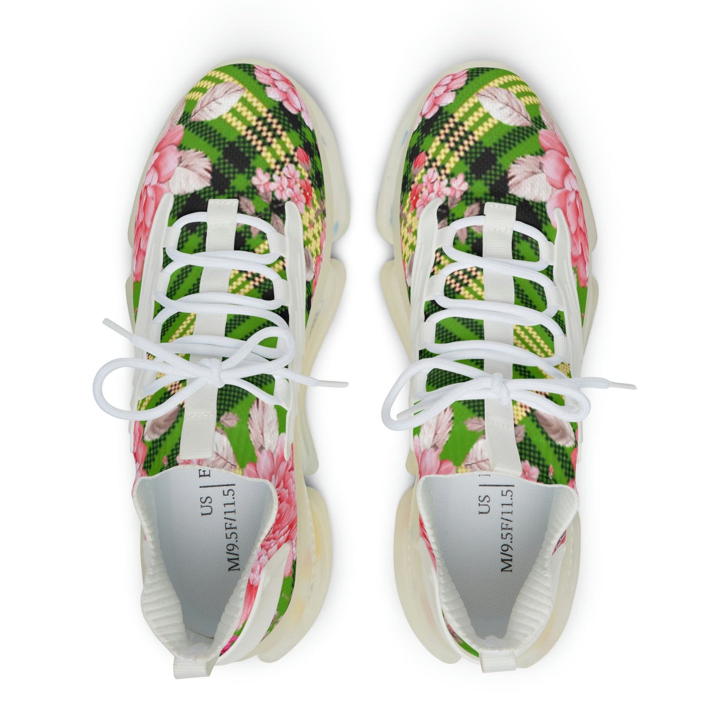 Men's Mesh Sneakers with Graphic Plaid and Roses in Pink Green