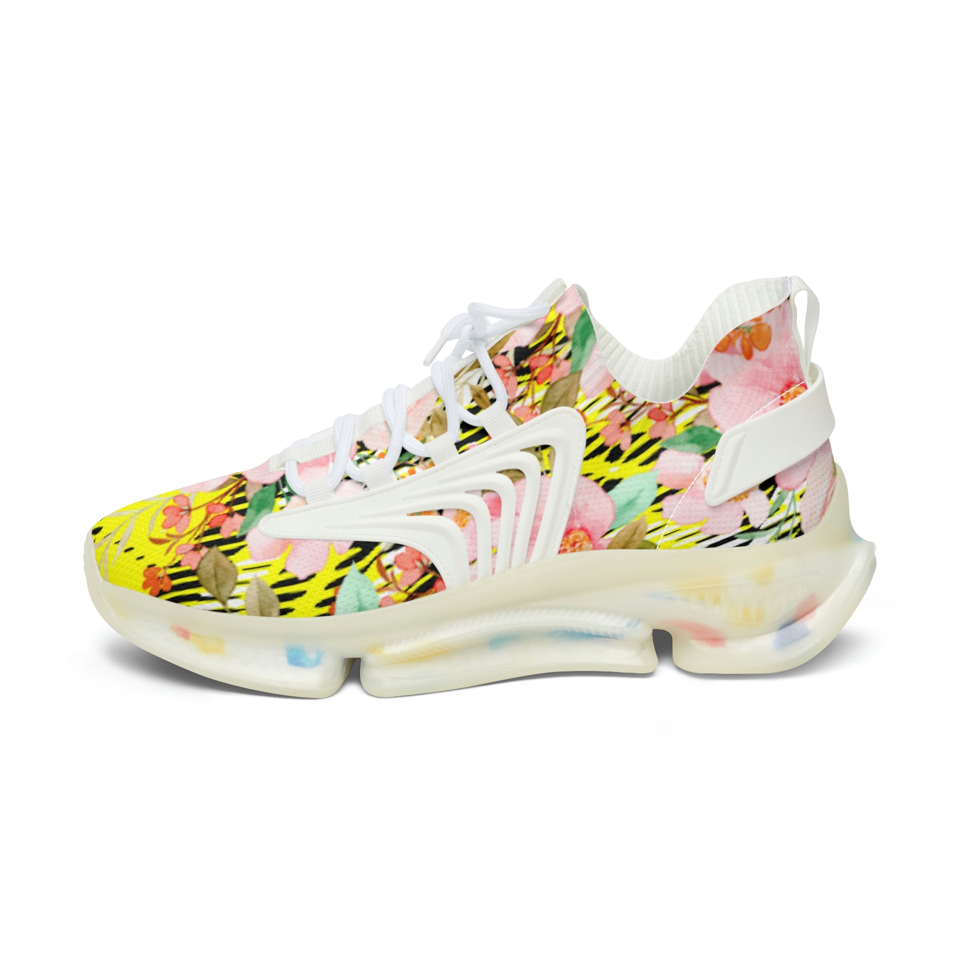 Women's Mesh Sneakers with Bold Graphic Plaid Print in Yellow and Pink Flowers