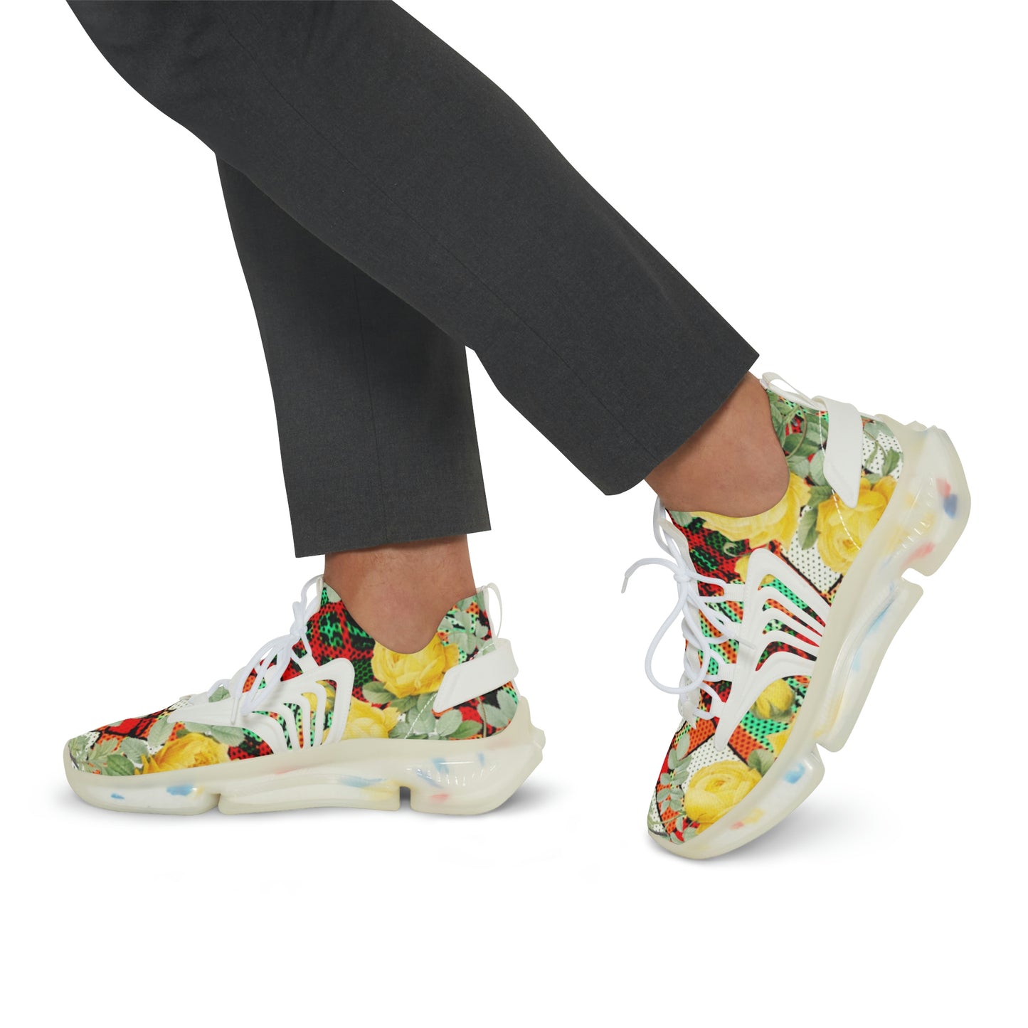 Men's Mesh Sneakers with Graphic Plaid and Roses in Yellow Green Red