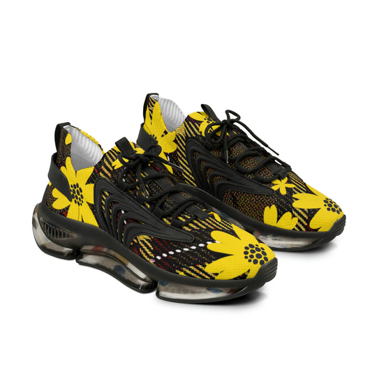 Men's Mesh Sneakers with Bold Graphic Plaid Print in Brown with Yellow Daisies