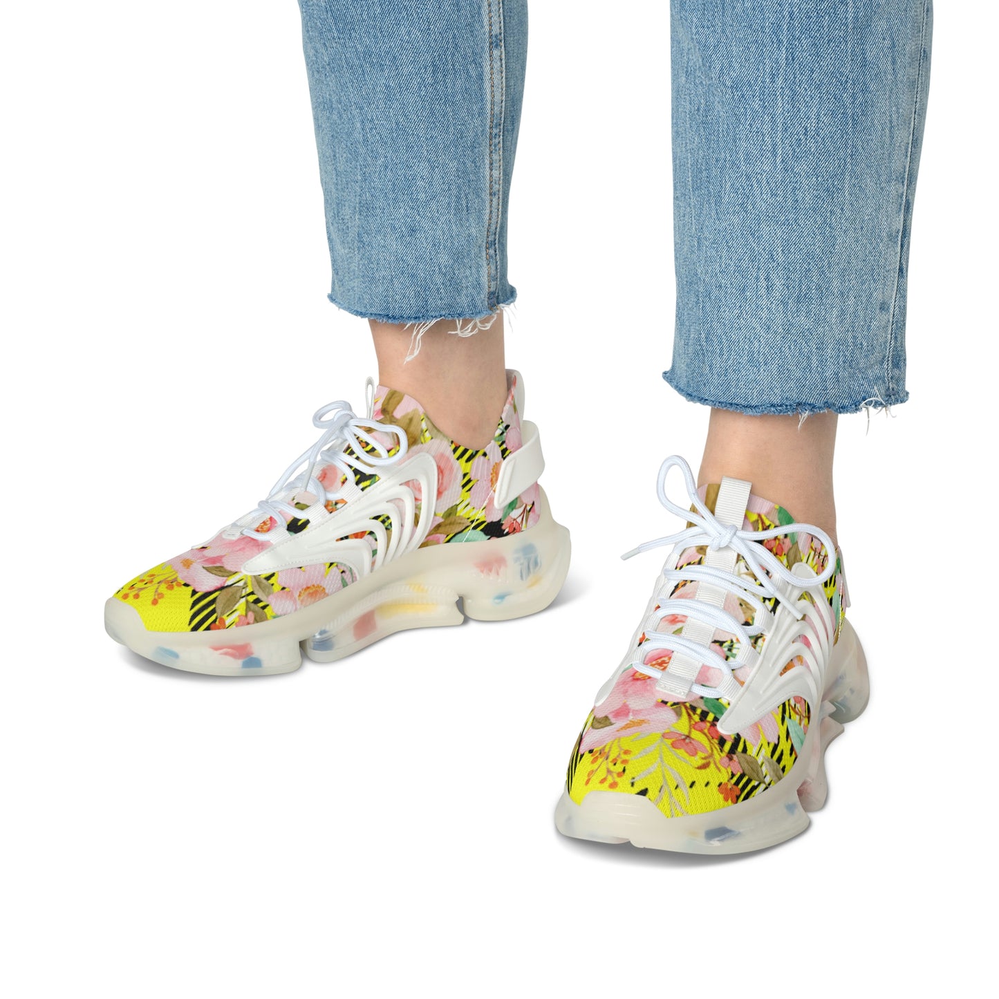 Women's Mesh Sneakers with Bold Graphic Plaid Print in Yellow and Pink Flowers