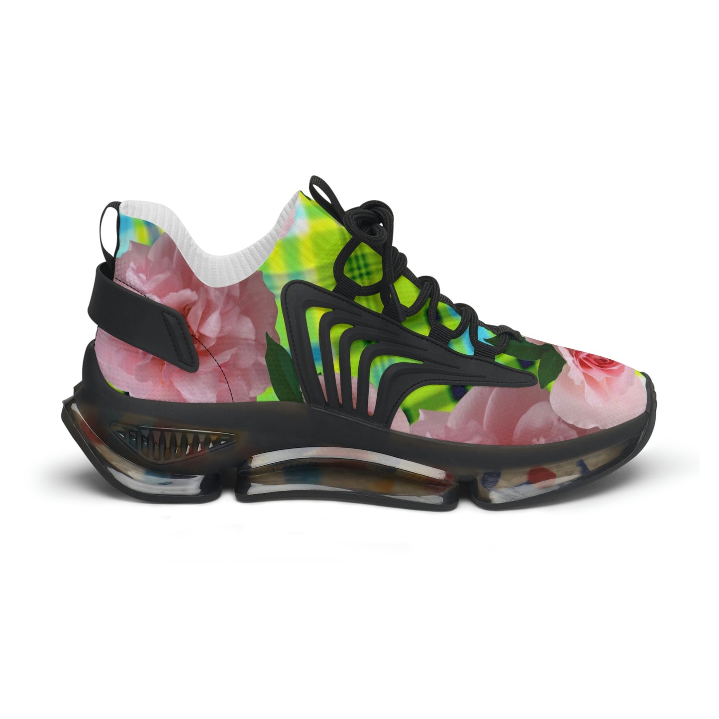 vWomen's Mesh Sneakers with Graphic Plaid and Roses Print in Lime Green Pink and Customisable Black Or White EVA Sole