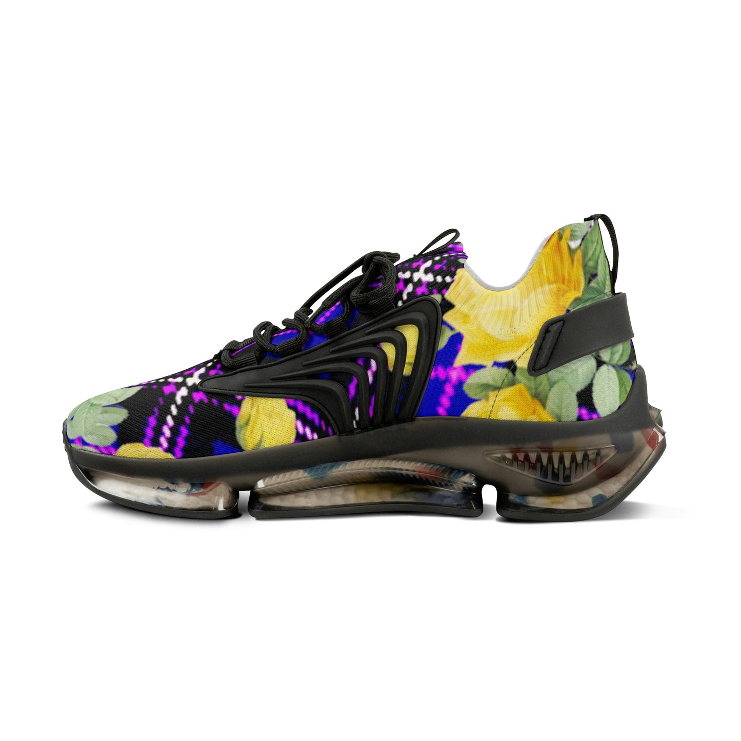 Men's Mesh Sneakers with Graphic Plaid and Roses Print in Purple Black Yellow