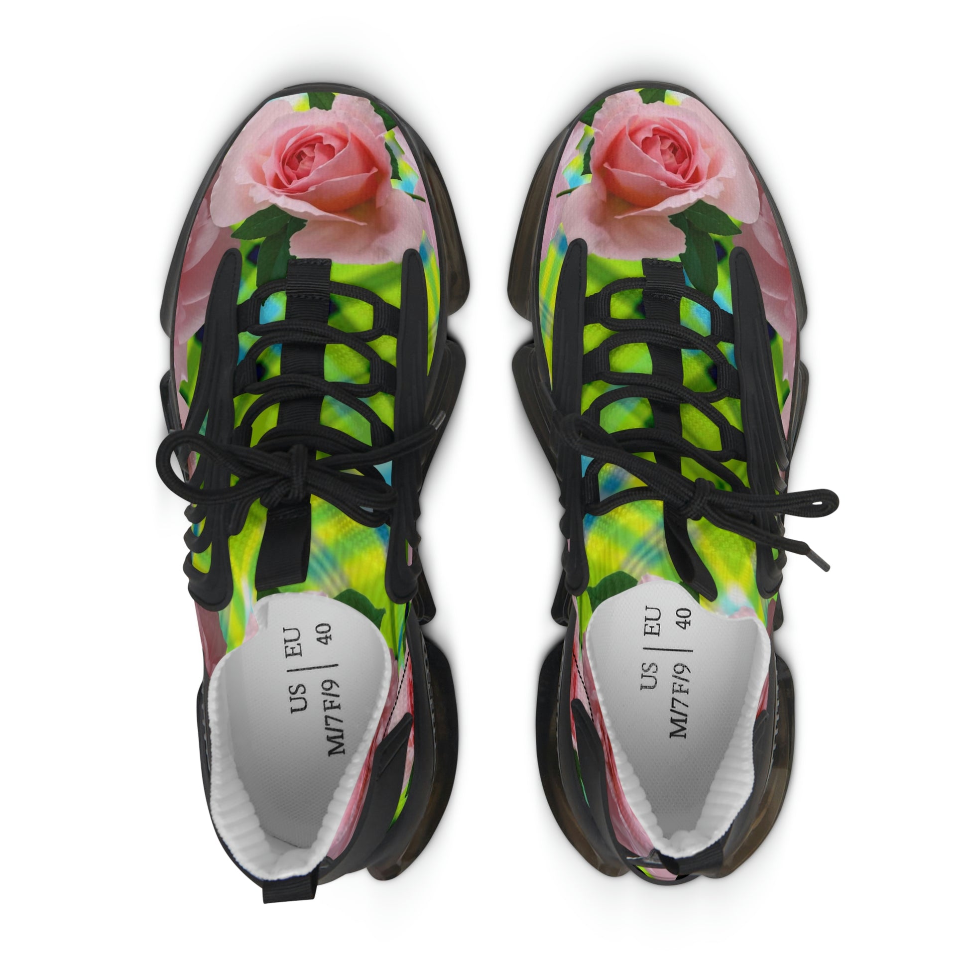 Women's Mesh Sneakers with Graphic Plaid and Roses Print in Lime Green Pink and Customisable Black Or White EVA Sole