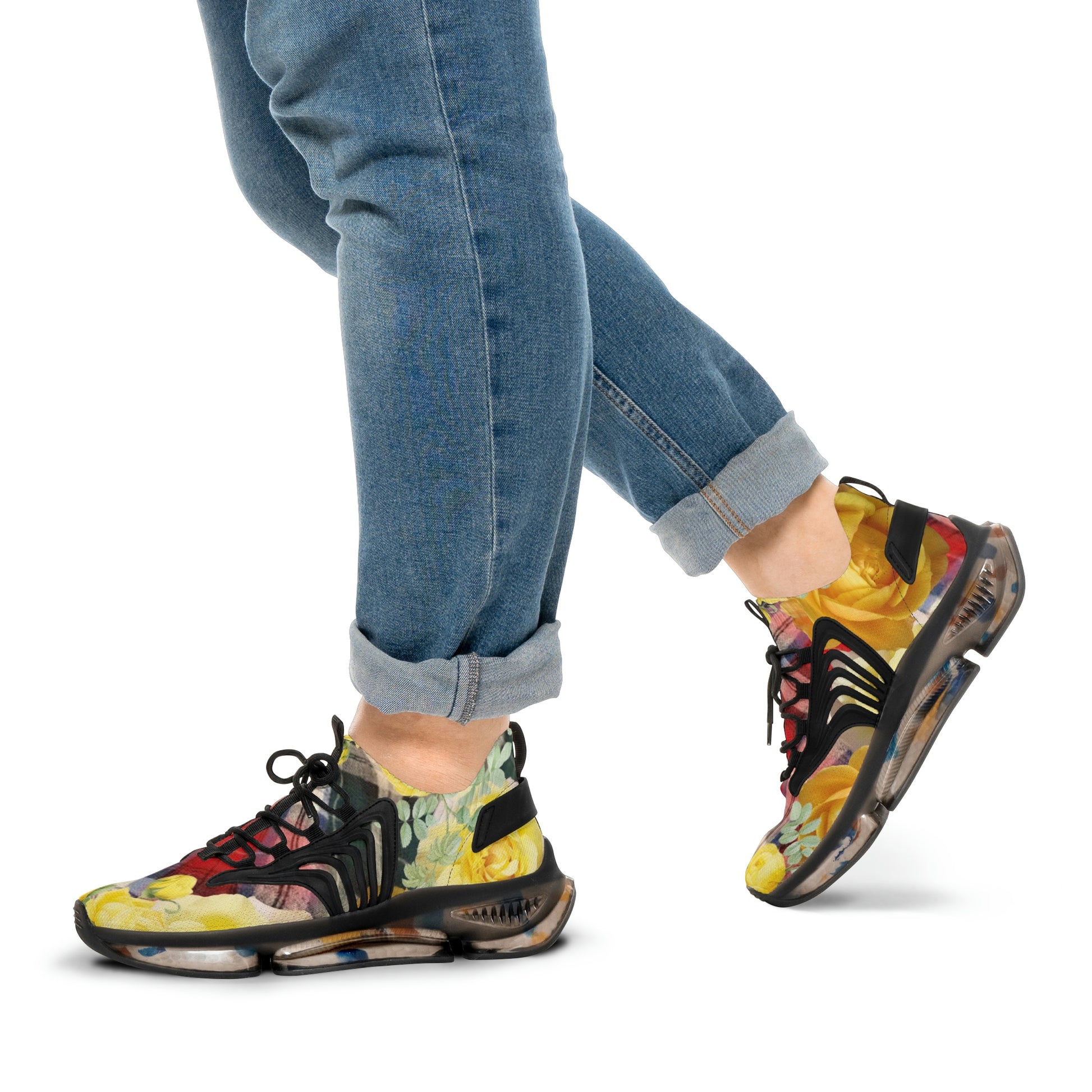 Men's Mesh Sneakers with Graphic Plaid and Roses Print in Yellow Red and Customisable Black Or White EVA Sole