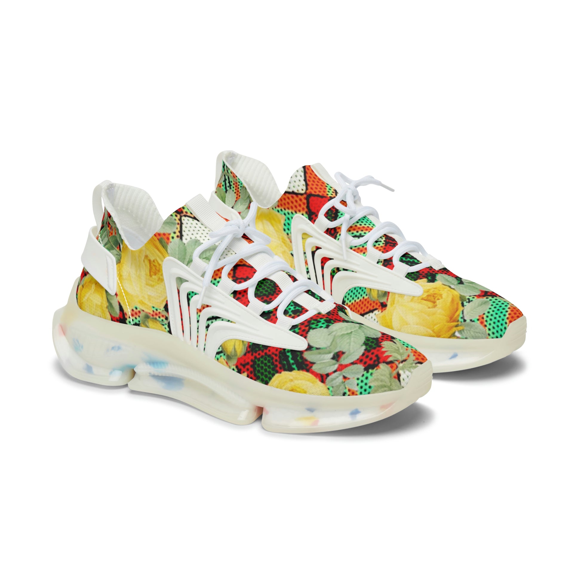 Women's Mesh Sneakers with Graphic Plaid and Roses in Yellow Green Red