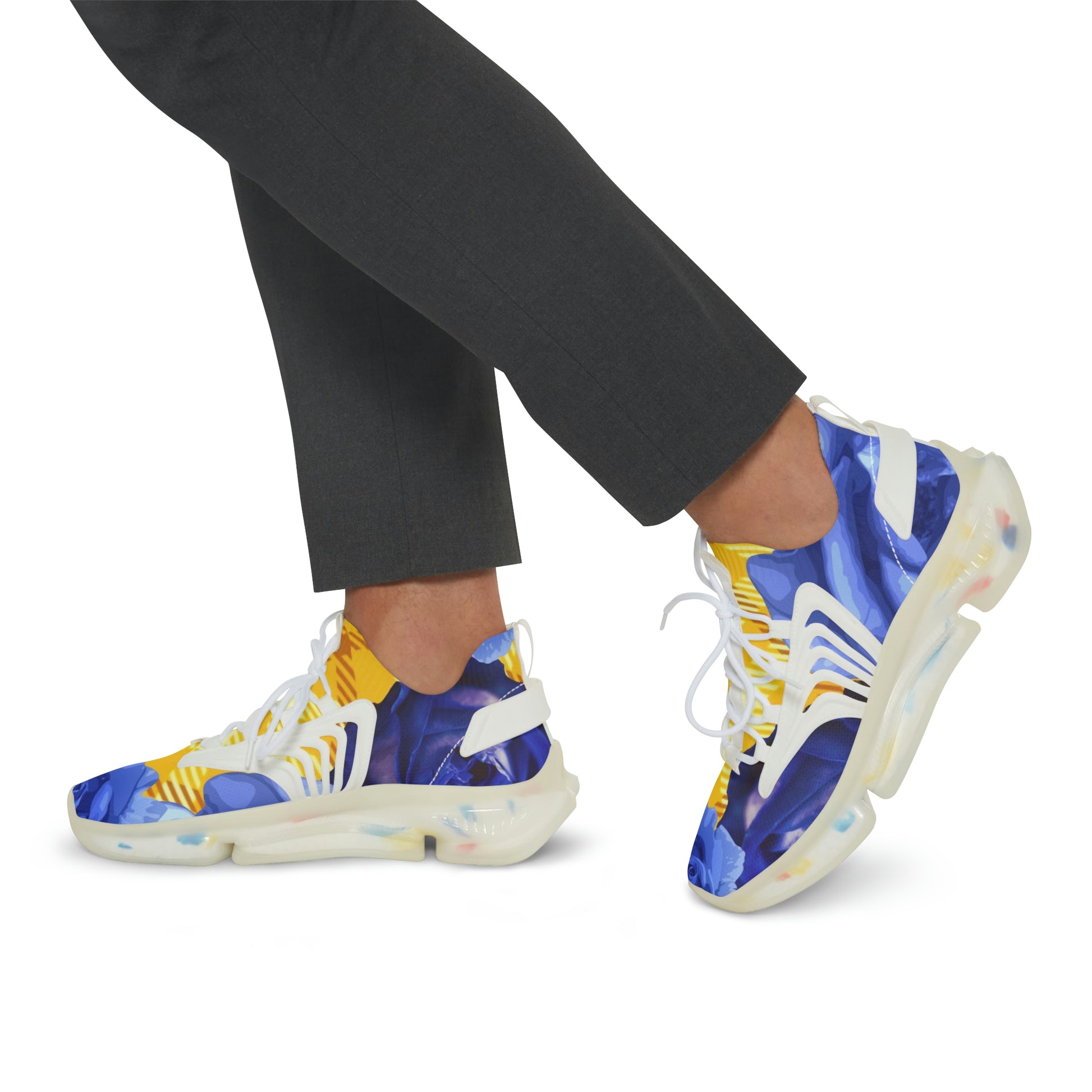 Men's Mesh Sneakers with Graphic Plaid and Roses Print in Lime Yellow Blue and Customisable Black Or White EVA Sole