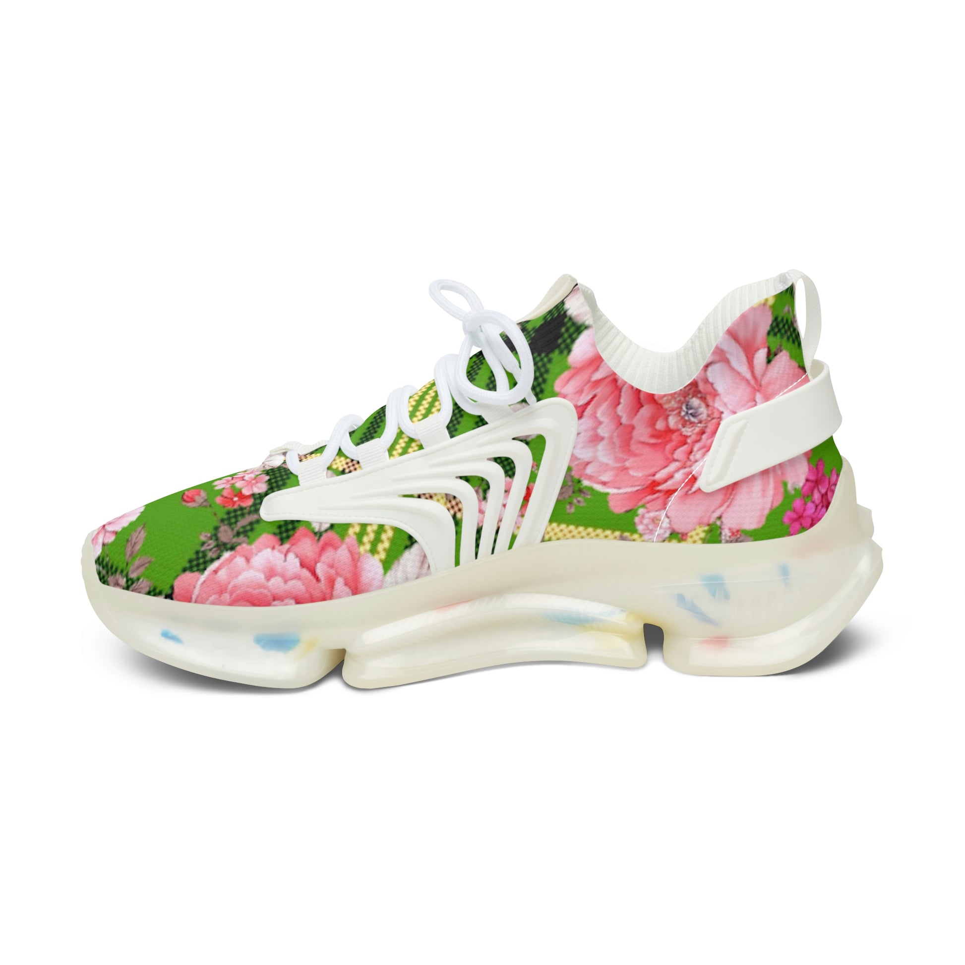 Women's Mesh Sneakers with Graphic Plaid and Roses in Pink Green