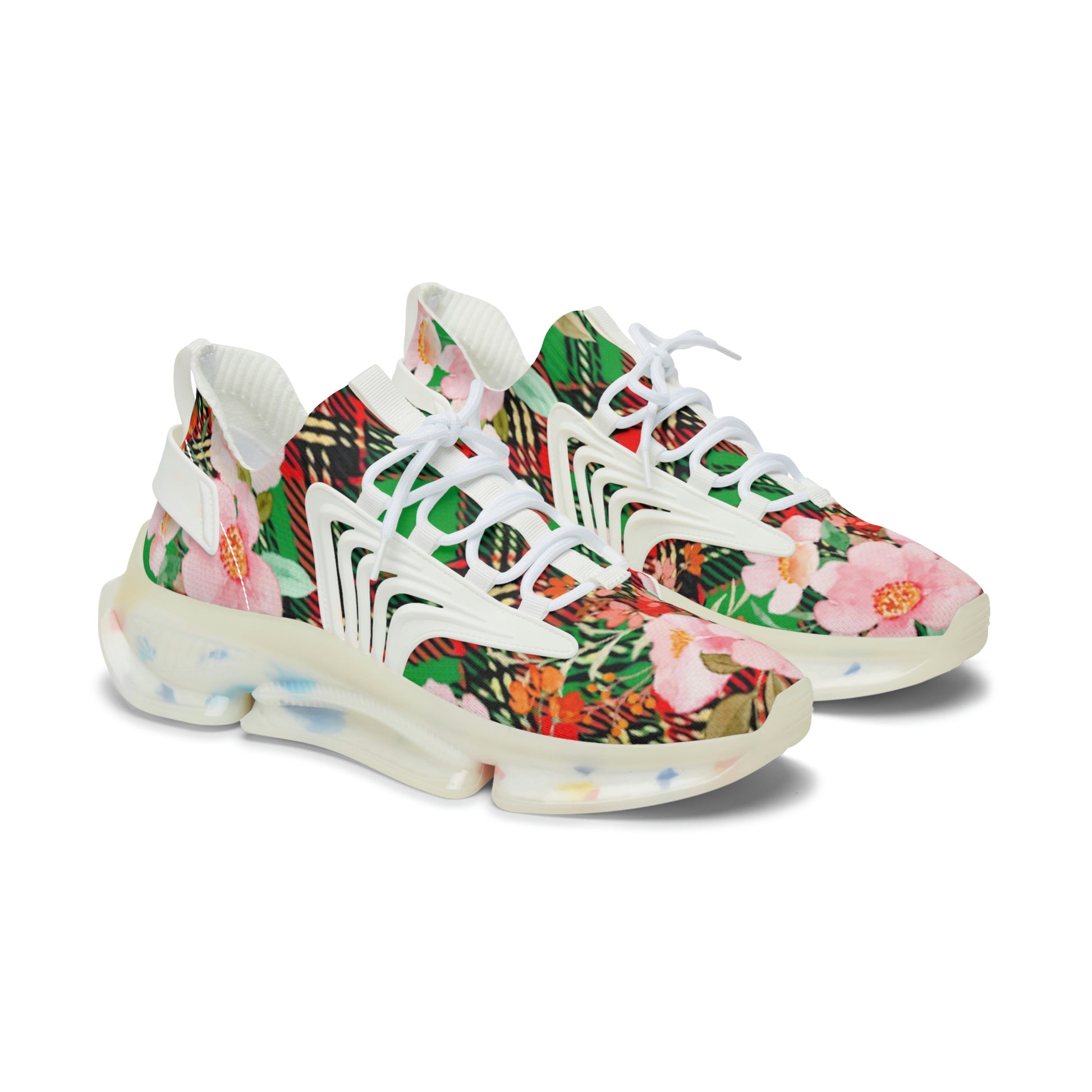 Women's Mesh Sneakers with Graphic Plaid and Roses in Red Green Pink