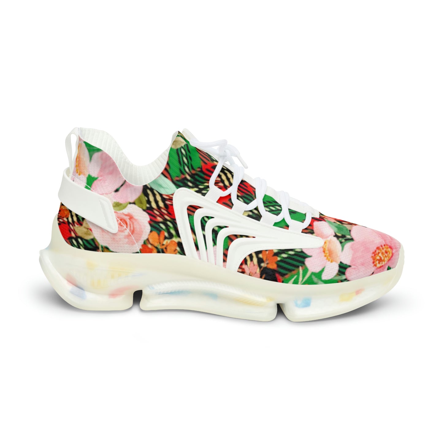 Men's Mesh Sneakers with Graphic Plaid and Floral Print in Red Green Pink 