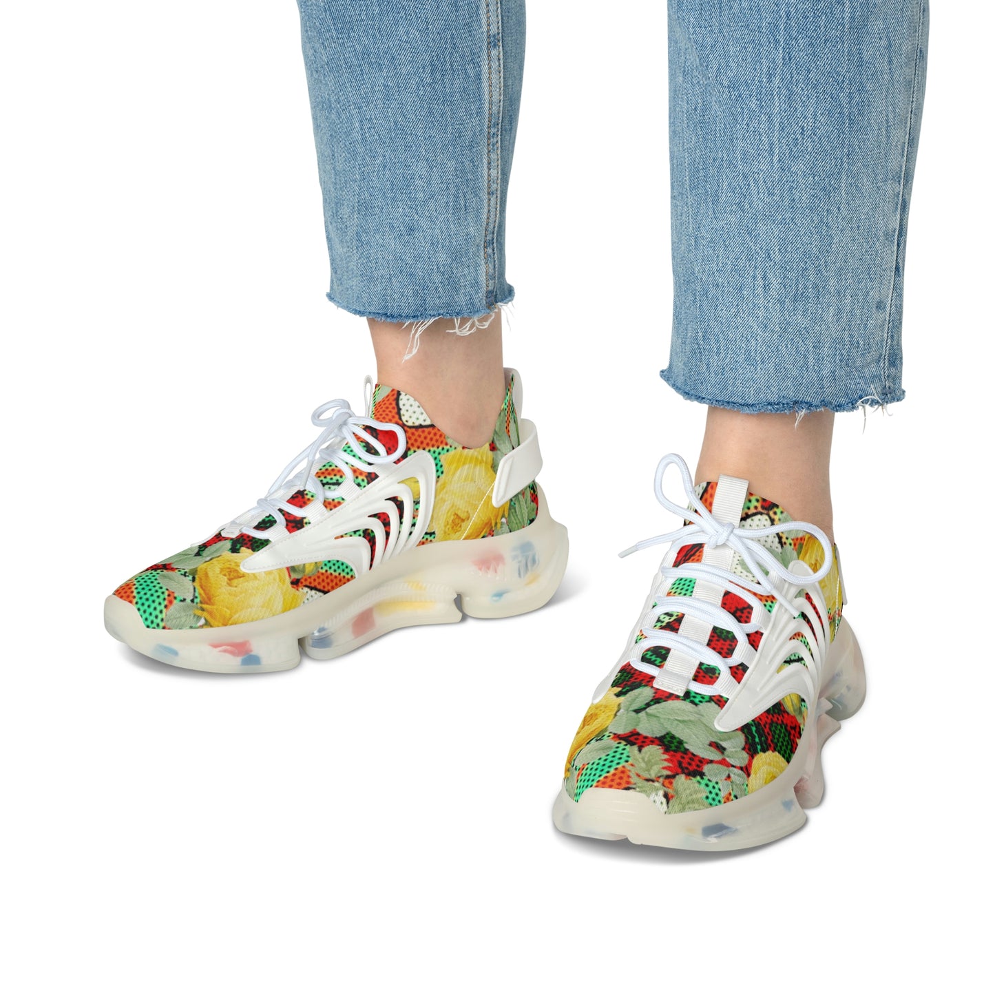 Women's Mesh Sneakers with Graphic Plaid and Roses in Yellow Green Red