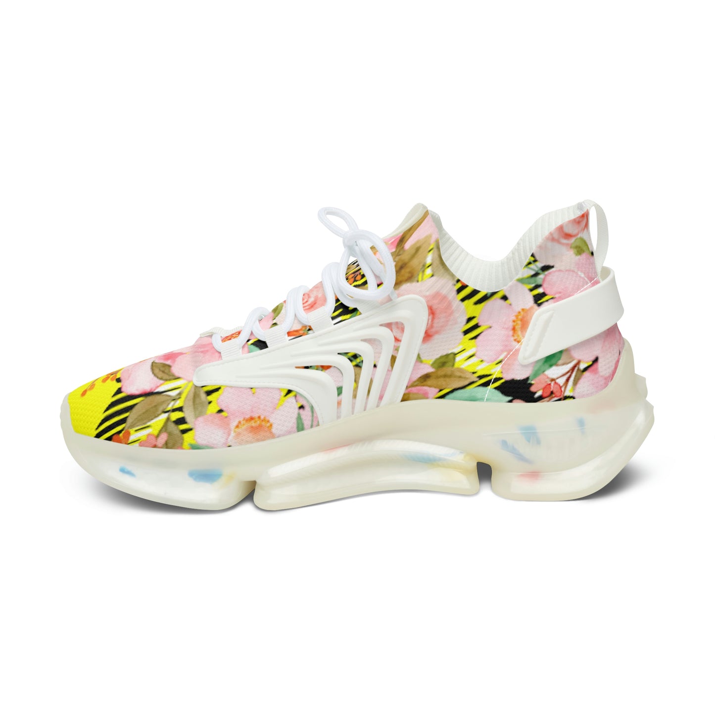 Women's Mesh Sneakers with Bold Graphic Plaid Print in Yellow and Pink Flowers