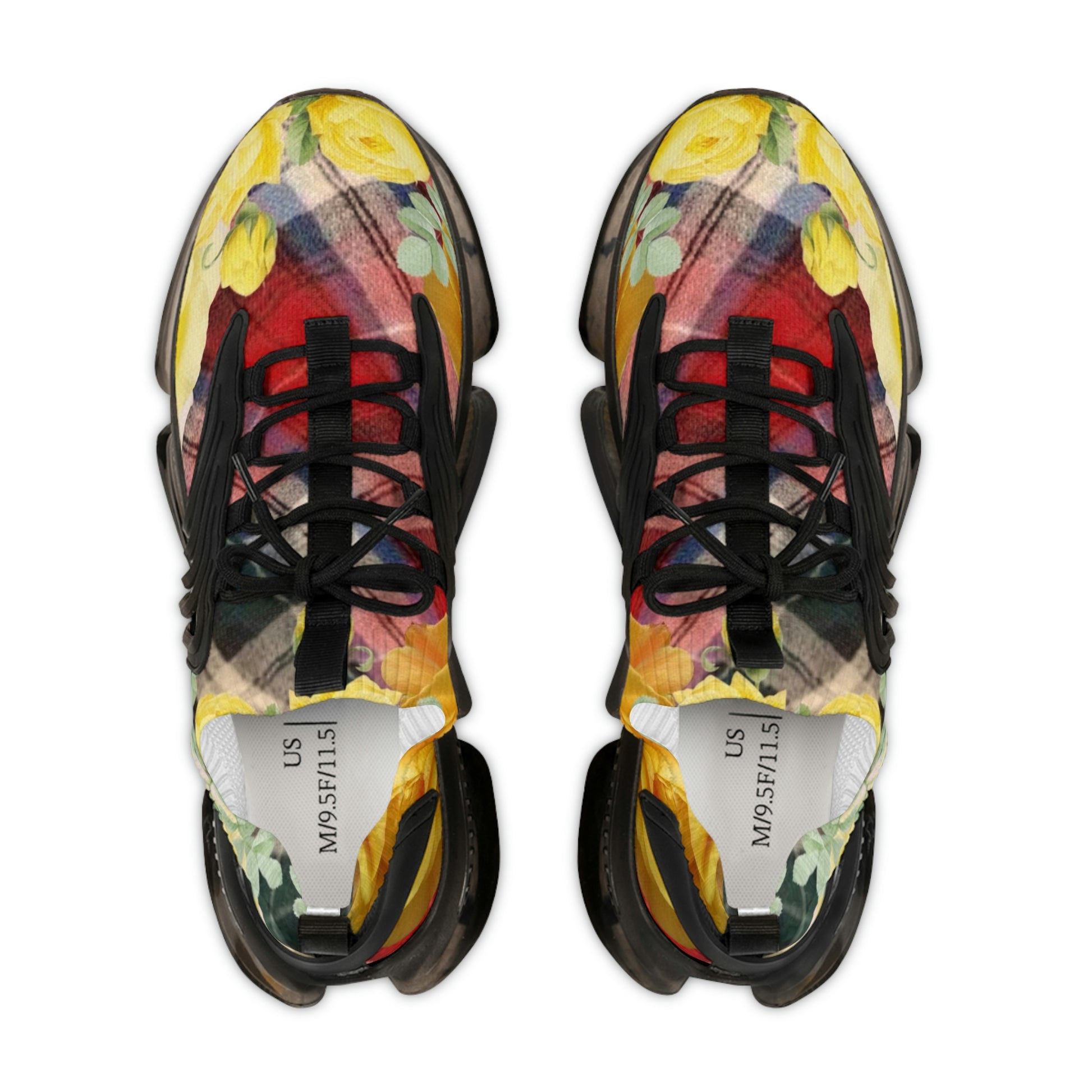 Men's Mesh Sneakers with Graphic Plaid and Roses Print in Yellow Red and Customisable Black Or White EVA Sole