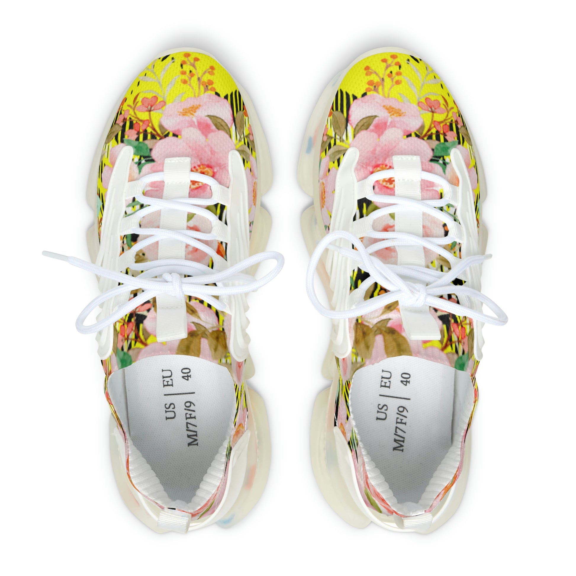 Women's Mesh Sneakers with Bold Graphic Plaid Print in Yellow and Pink Flowers