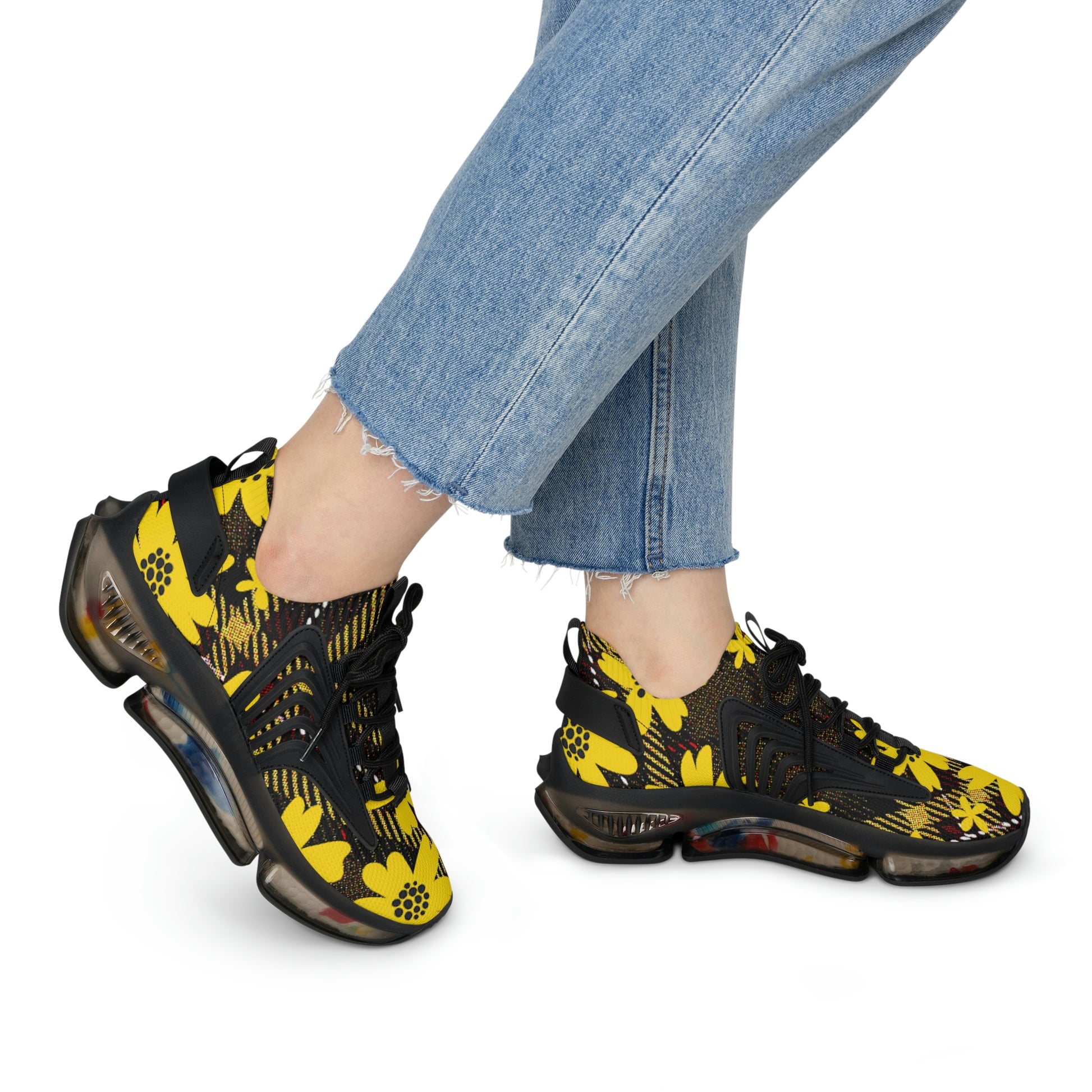 Women's Mesh Sneakers with Bold Graphic Plaid Print in Brown with Yellow Daisies