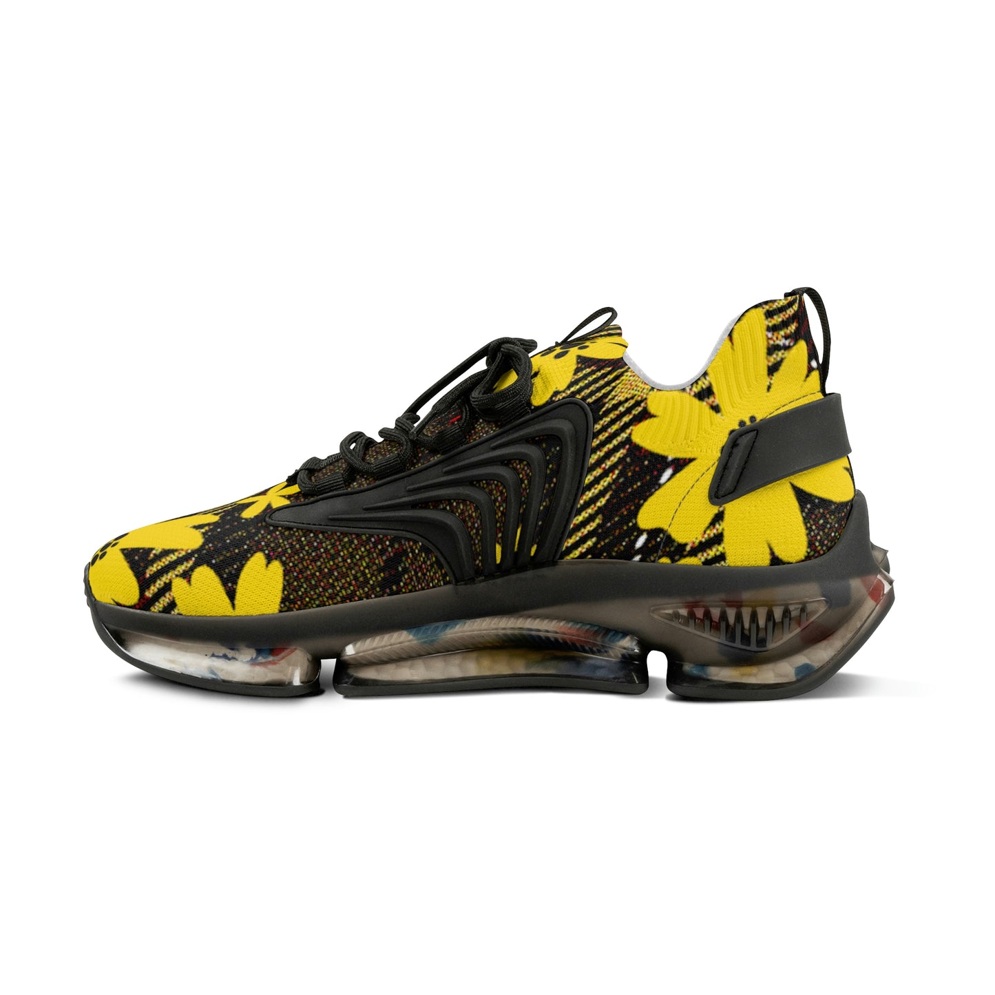 Men's Mesh Sneakers with Bold Graphic Plaid Print in Brown with Yellow Daisies