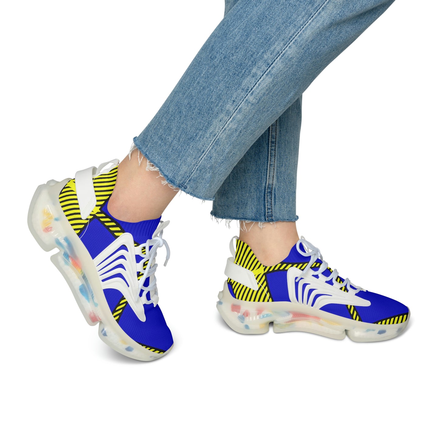 Women's Mesh Sneakers with Bold Graphic Plaid Print in Blue Yellow