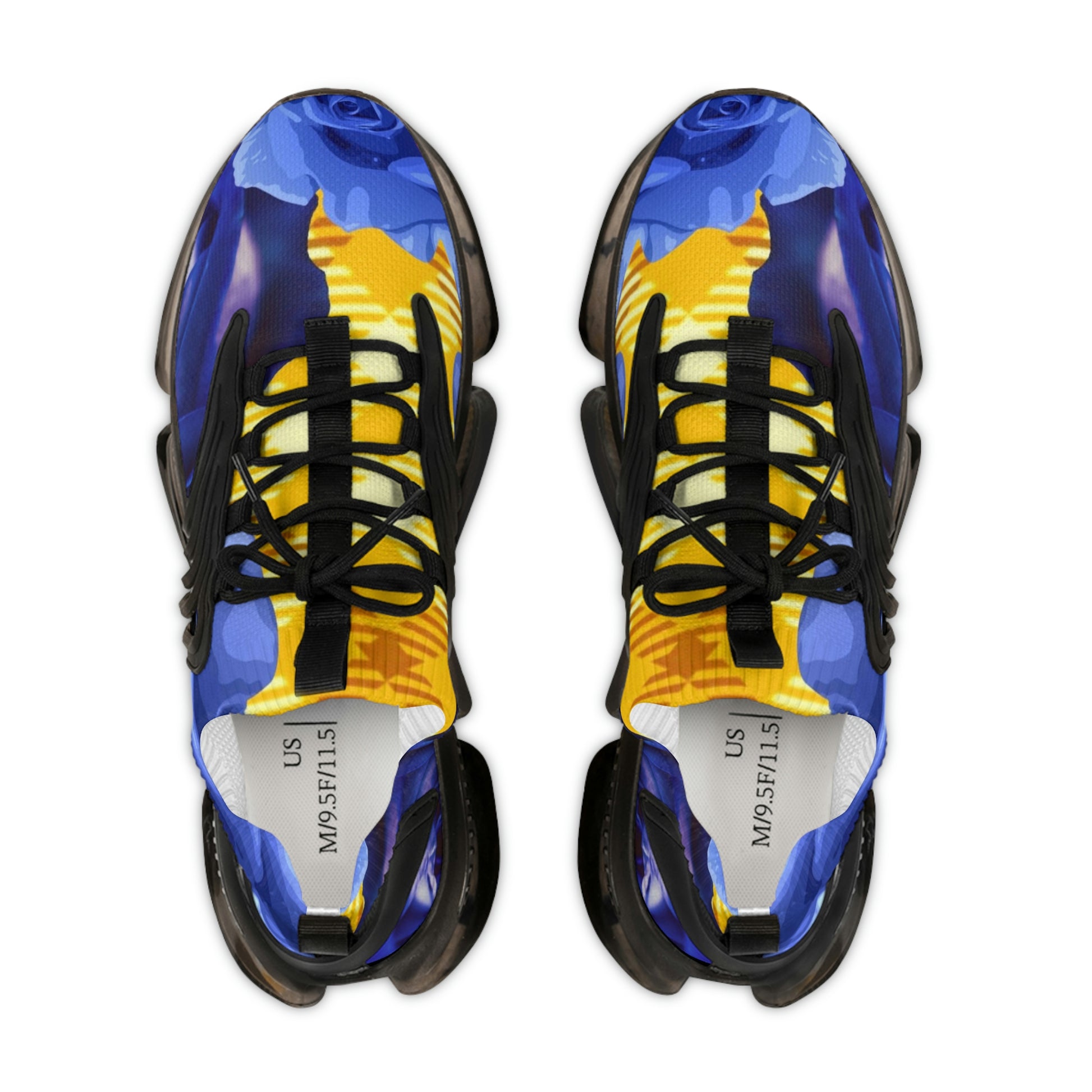 Men's Mesh Sneakers with Graphic Plaid and Roses Print in Lime Yellow Blue and Customisable Black Or White EVA Sole