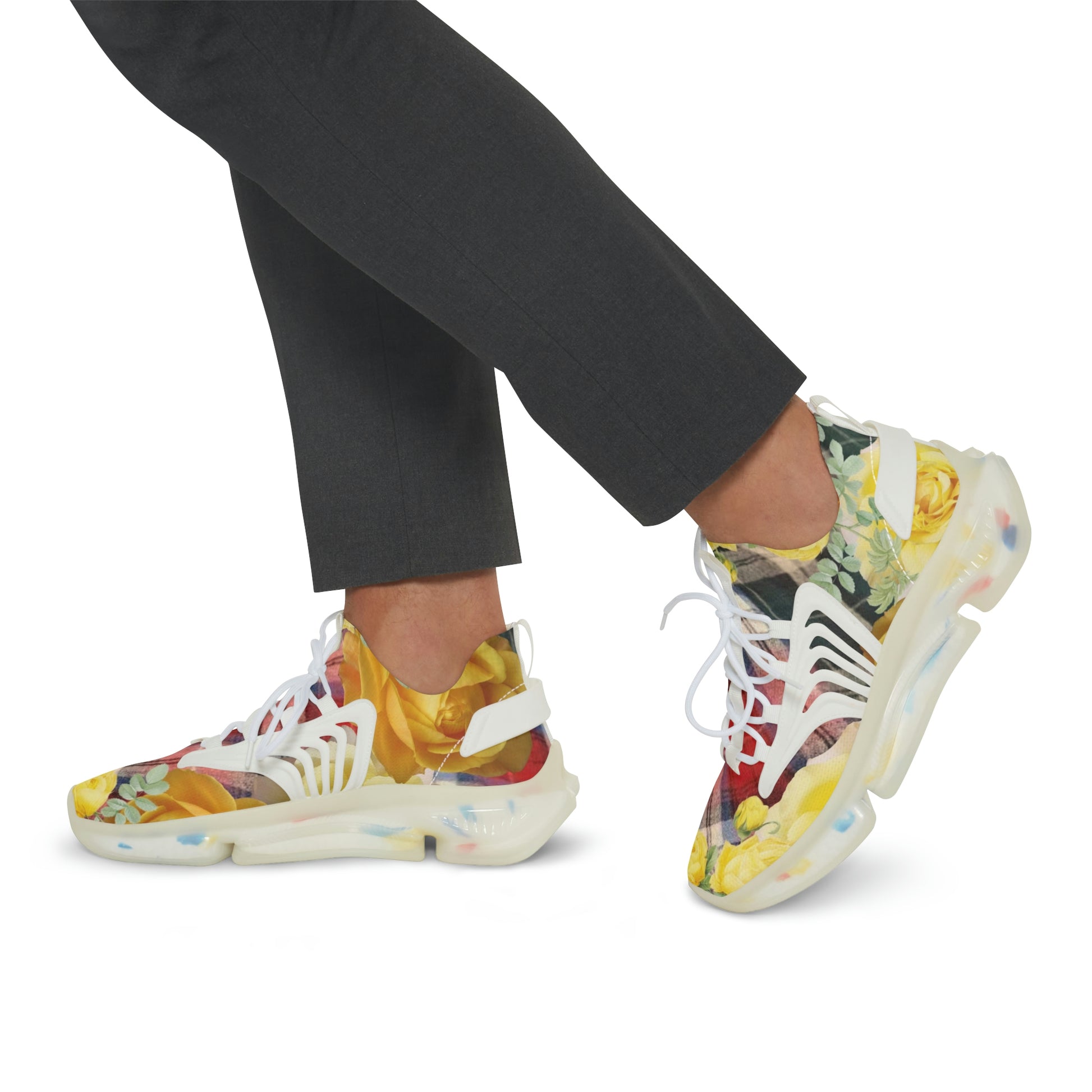 Men's Mesh Sneakers with Graphic Plaid and Roses Print in Yellow Red and Customisable Black Or White EVA Sole