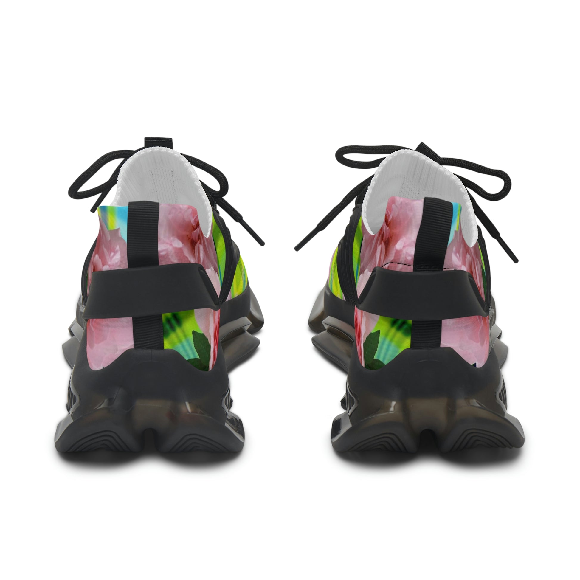 Women's Mesh Sneakers with Graphic Plaid and Roses Print in Lime Green Pink and Customisable Black Or White EVA Sole