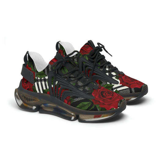 Women's Mesh Sneakers with Bold Graphic Plaid Print in Black and White with Red Roses