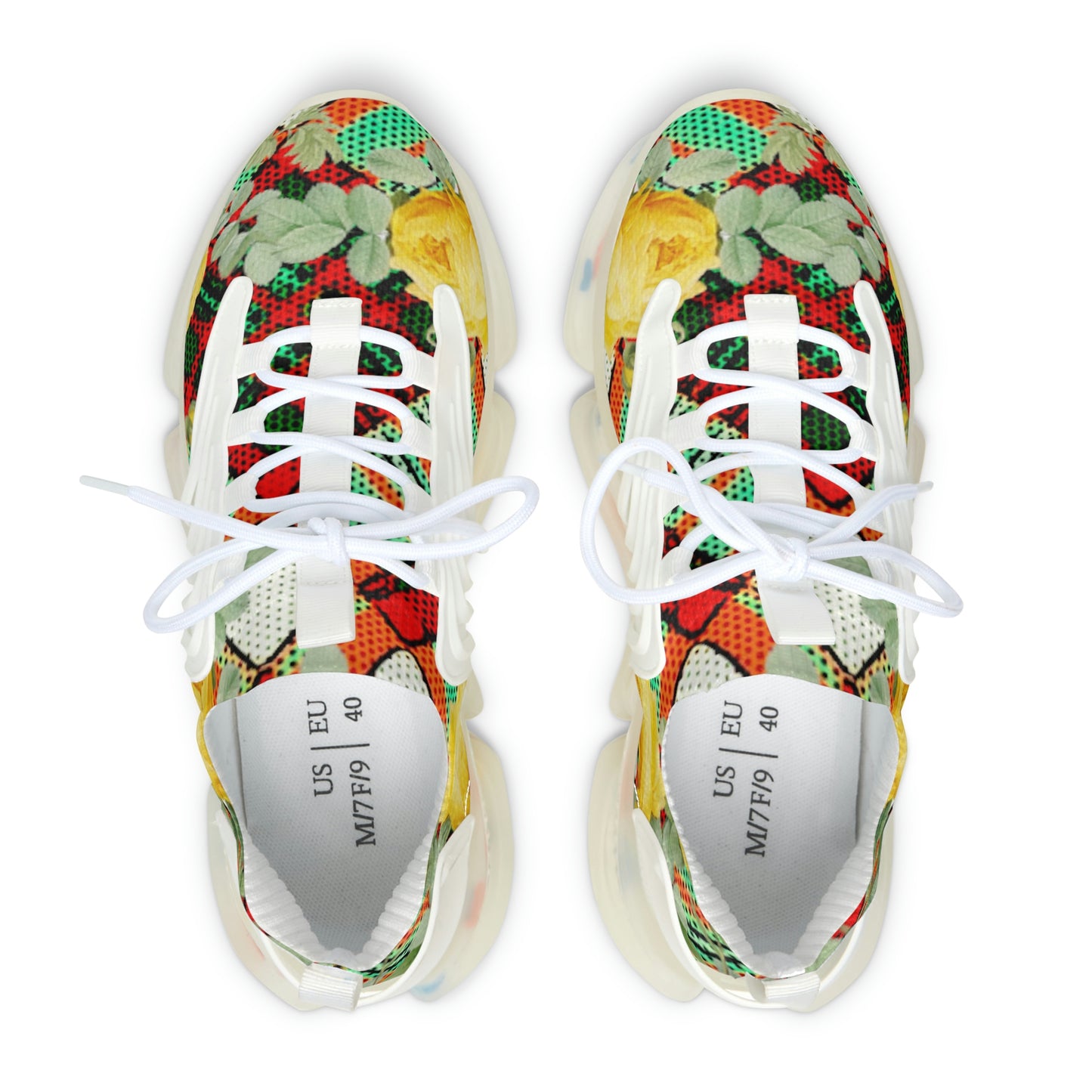 Women's Mesh Sneakers with Graphic Plaid and Roses in Yellow Green Red