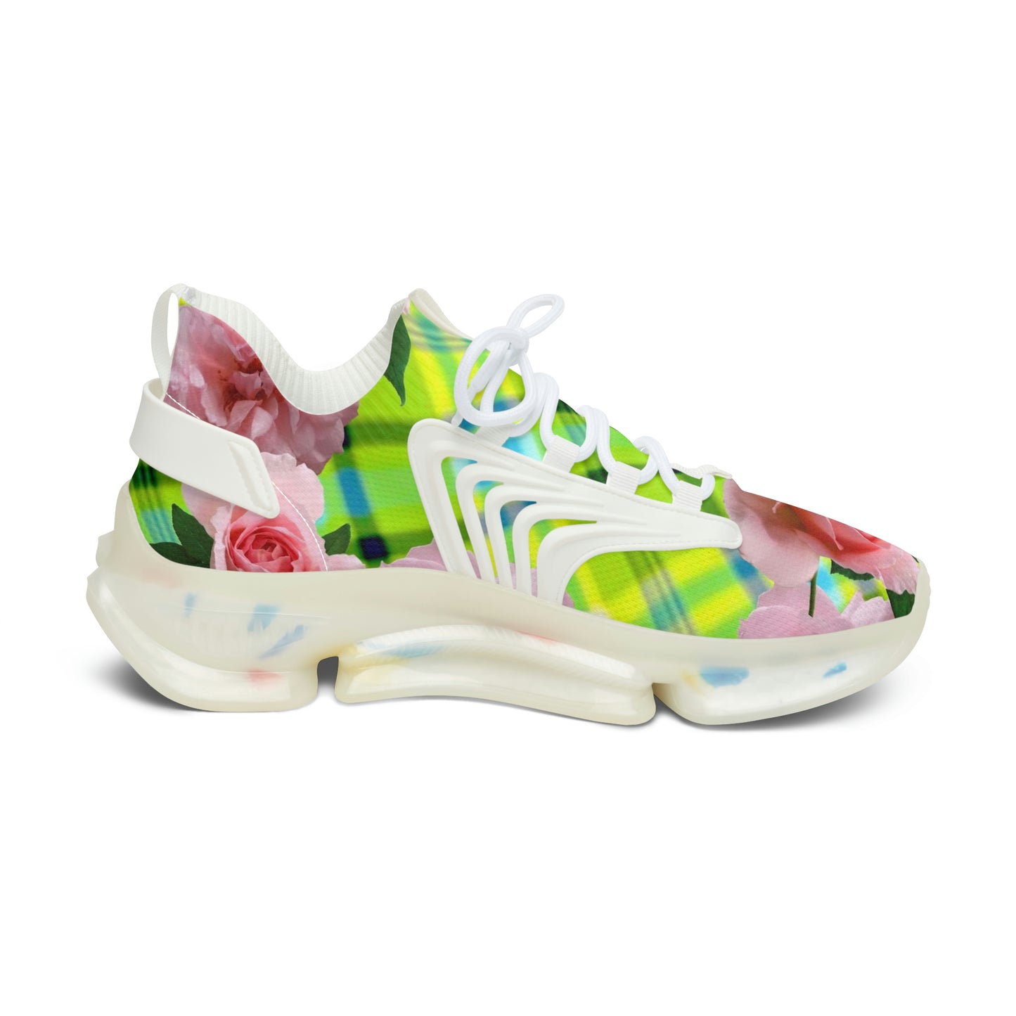 Women's Mesh Sneakers with Graphic Plaid and Roses Print in Lime Green Pink and Customisable Black Or White EVA Sole