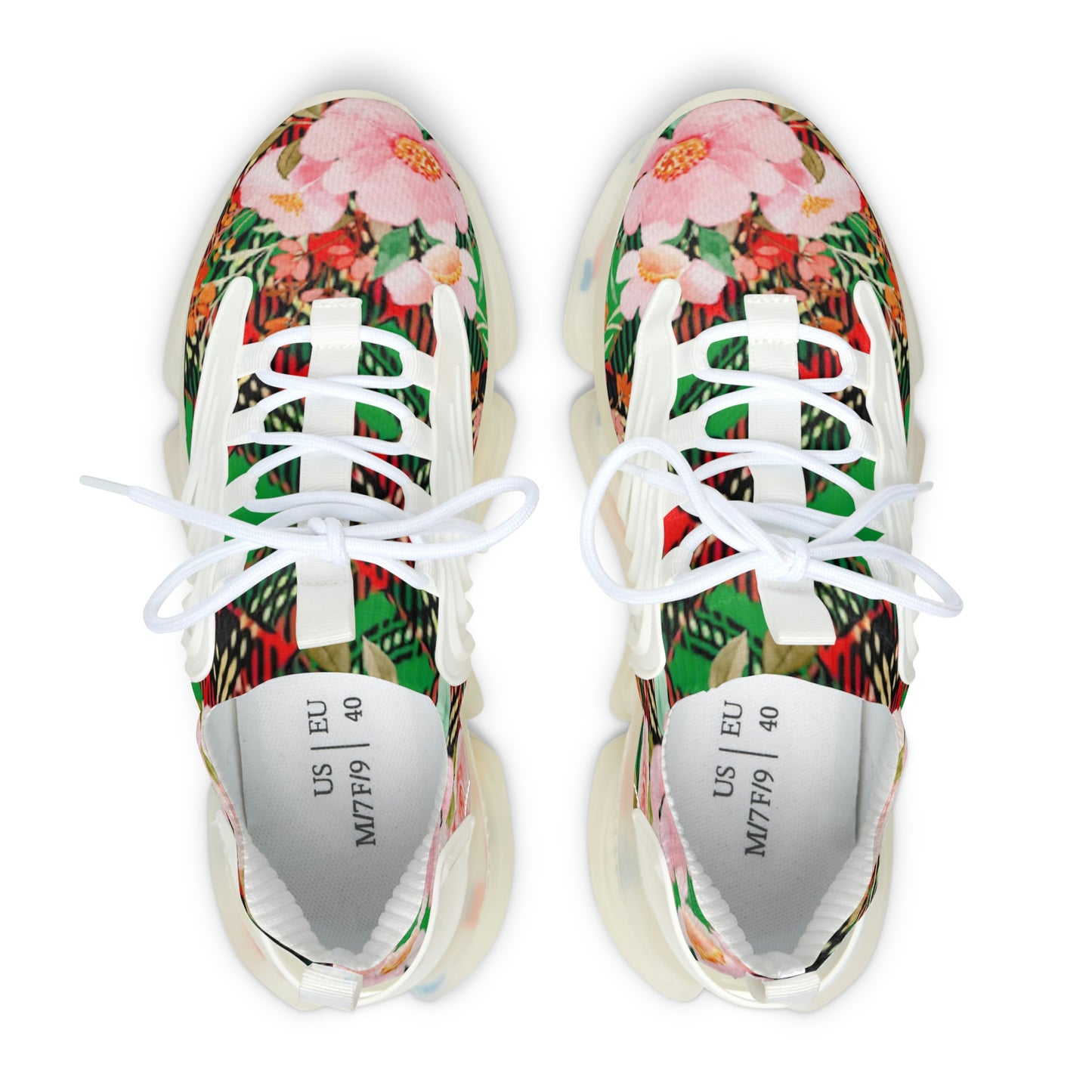 Women's Mesh Sneakers with Graphic Plaid and Roses in Red Green Pink