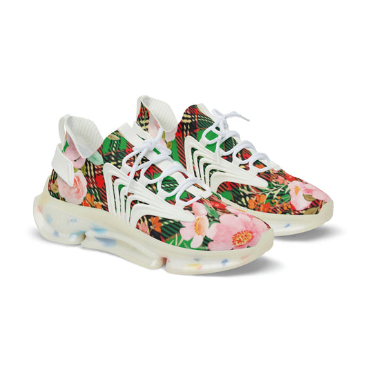 Men's Mesh Sneakers with Graphic Plaid and Floral Print in Red Green Pink 