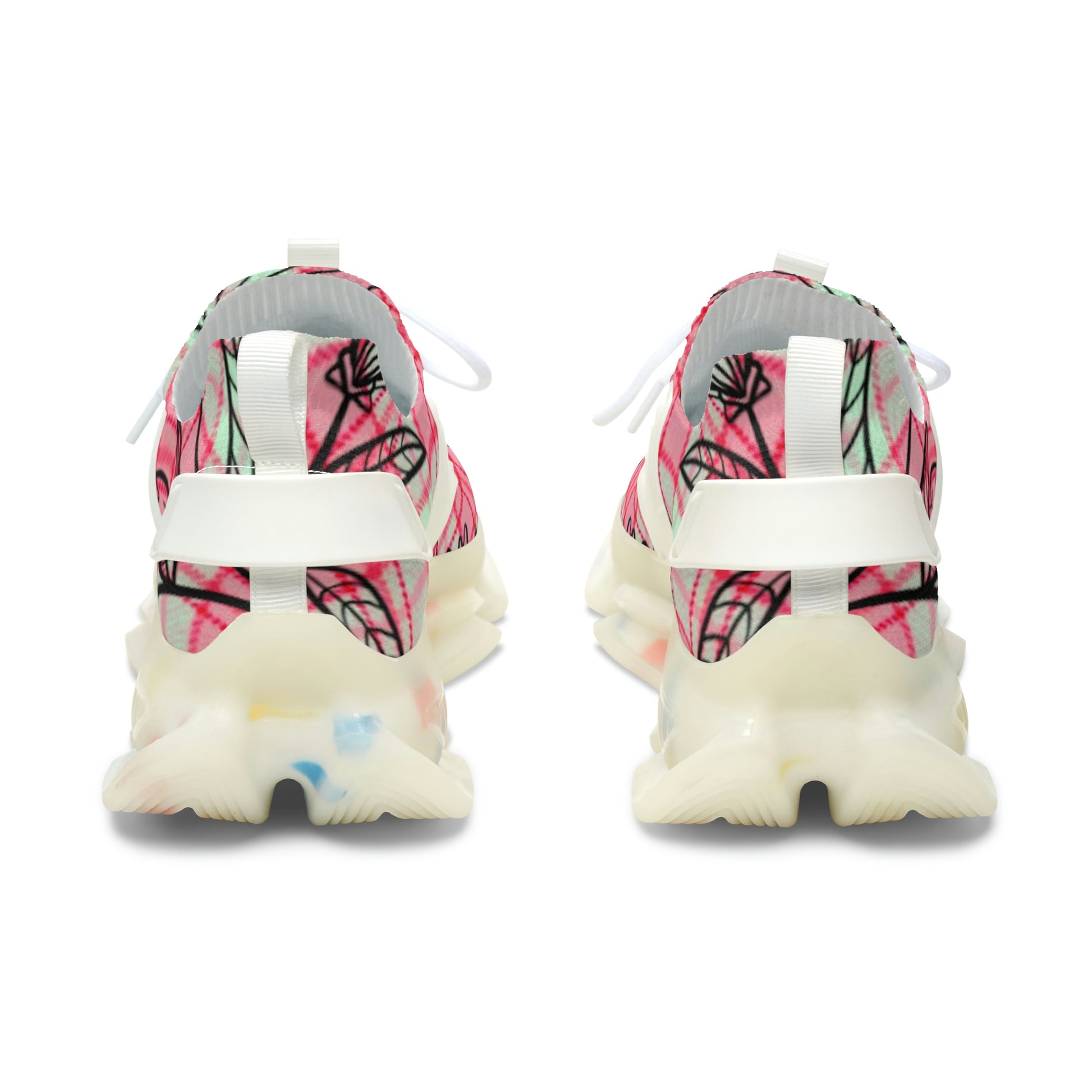 Women's Mesh Sneakers with Graphic Plaid and Floral Print in Pink Black with Customisable Black Or White EVA Sole