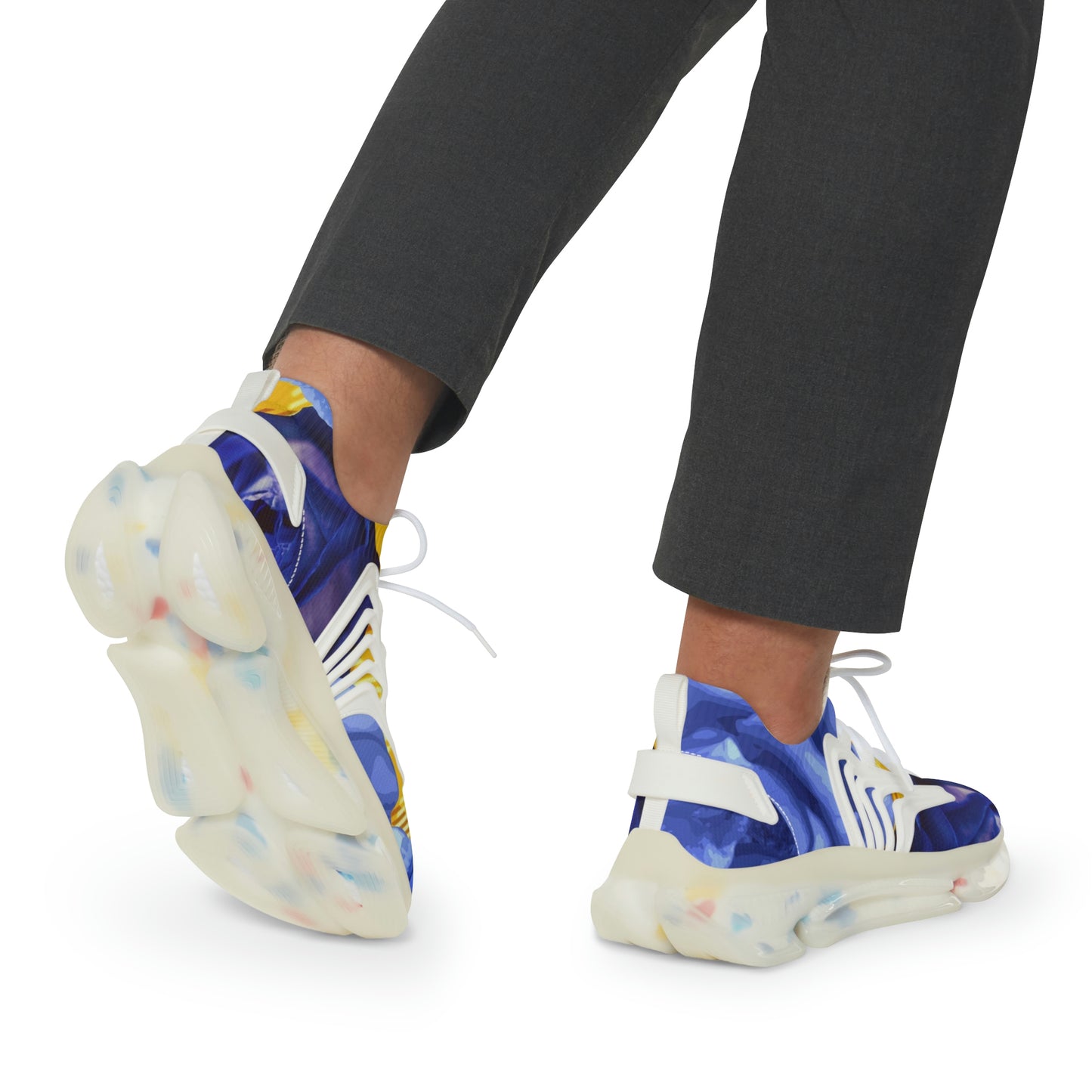 Men's Mesh Sneakers with Graphic Plaid and Roses Print in Lime Yellow Blue and Customisable Black Or White EVA Sole