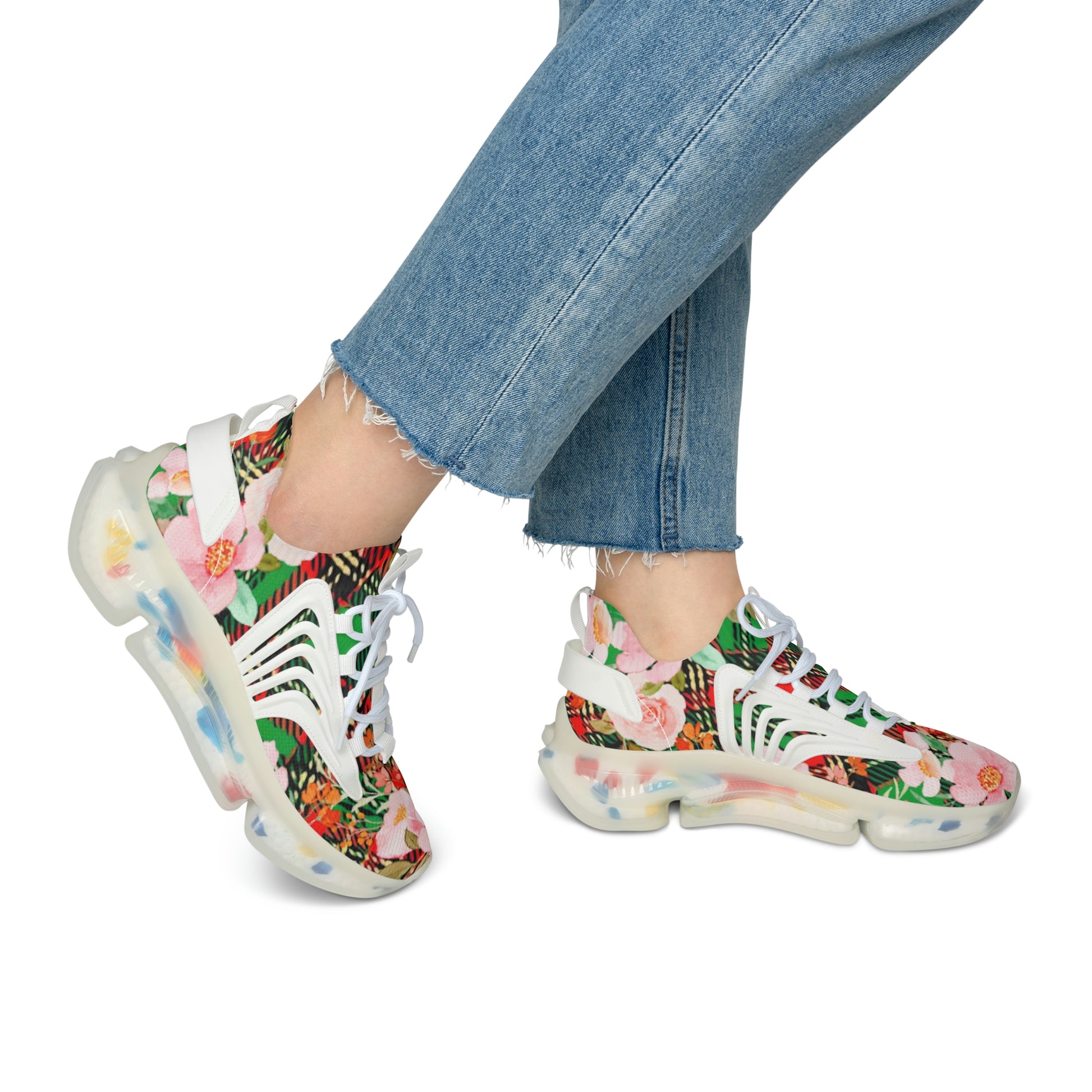 Women's Mesh Sneakers with Graphic Plaid and Roses in Red Green Pink