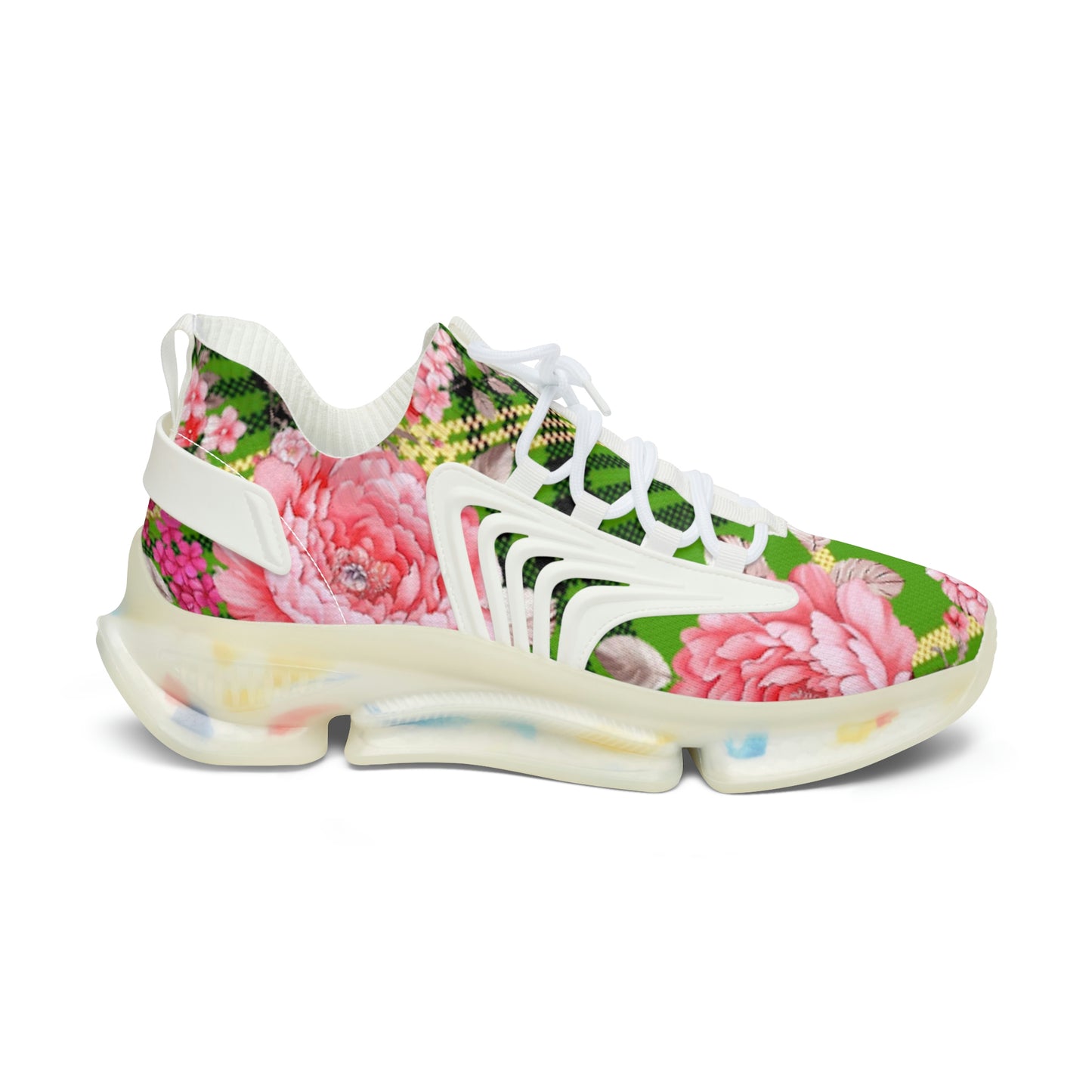 Women's Mesh Sneakers with Graphic Plaid and Roses in Pink Green