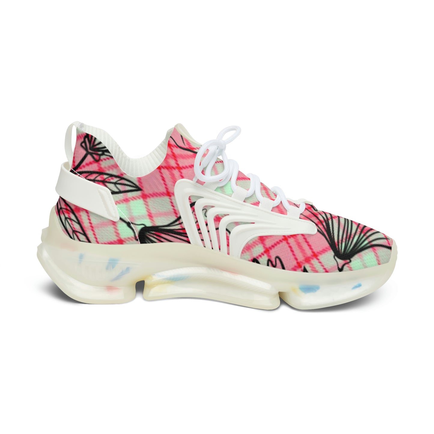 Women's Mesh Sneakers with Graphic Plaid and Floral Print in Pink Black with Customisable Black Or White EVA Sole