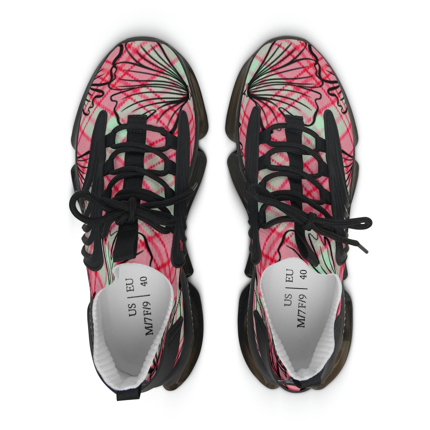 Women's Mesh Sneakers with Graphic Plaid and Floral Print in Pink Black with Customisable Black Or White EVA Sole