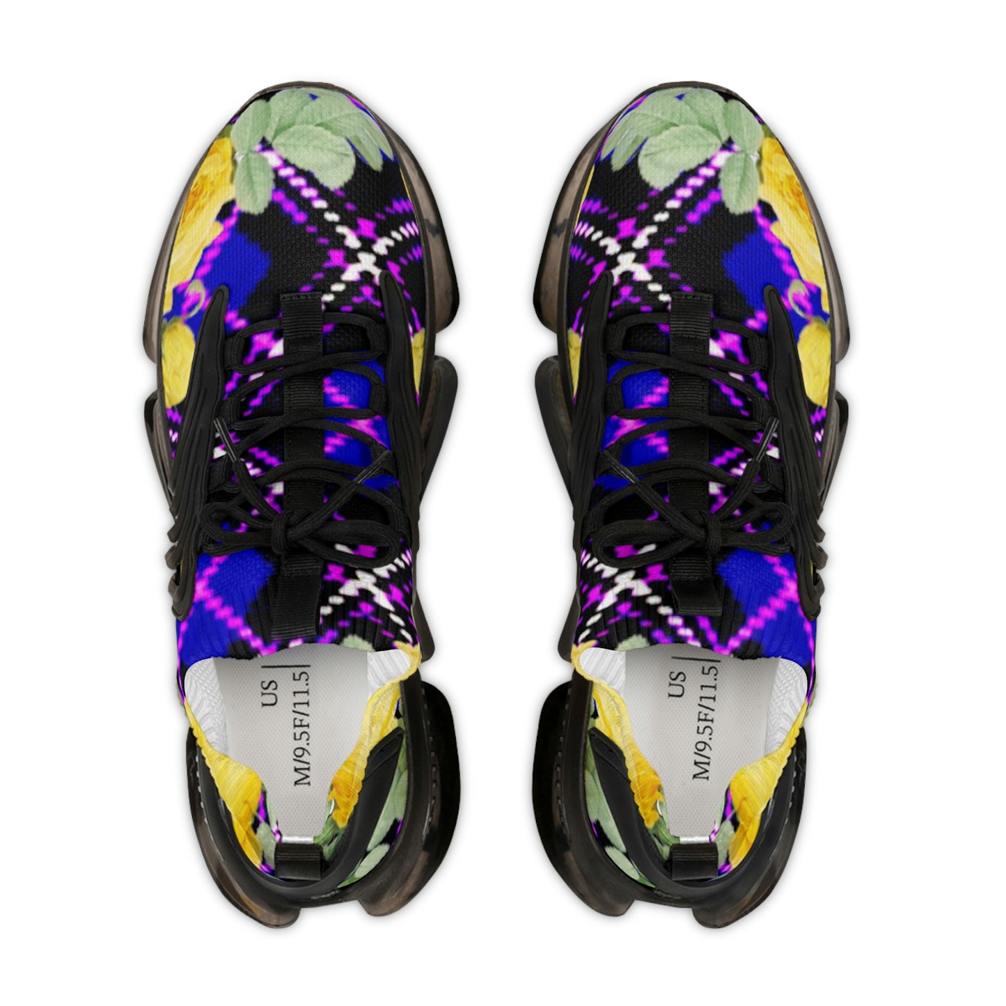 Men's Mesh Sneakers with Graphic Plaid and Roses Print in Purple Black Yellow